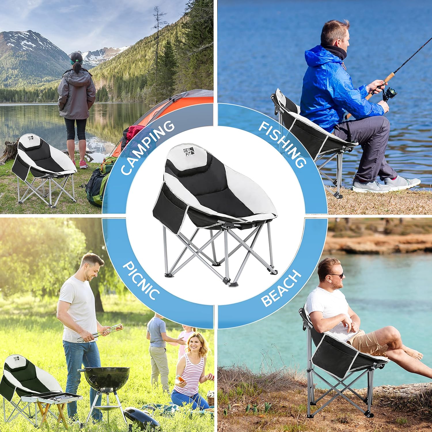 Moon Camping Chair with Cup Holder Pocket Black