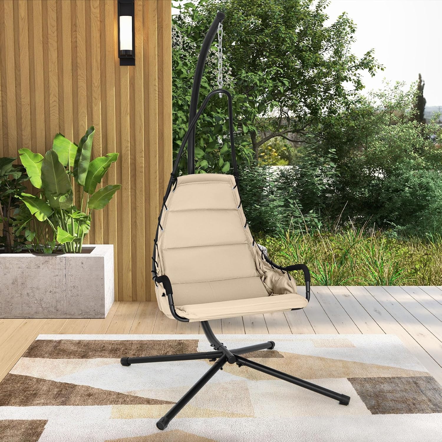 Hammock Swing Chair with Stand Beige Padded Seat Metal