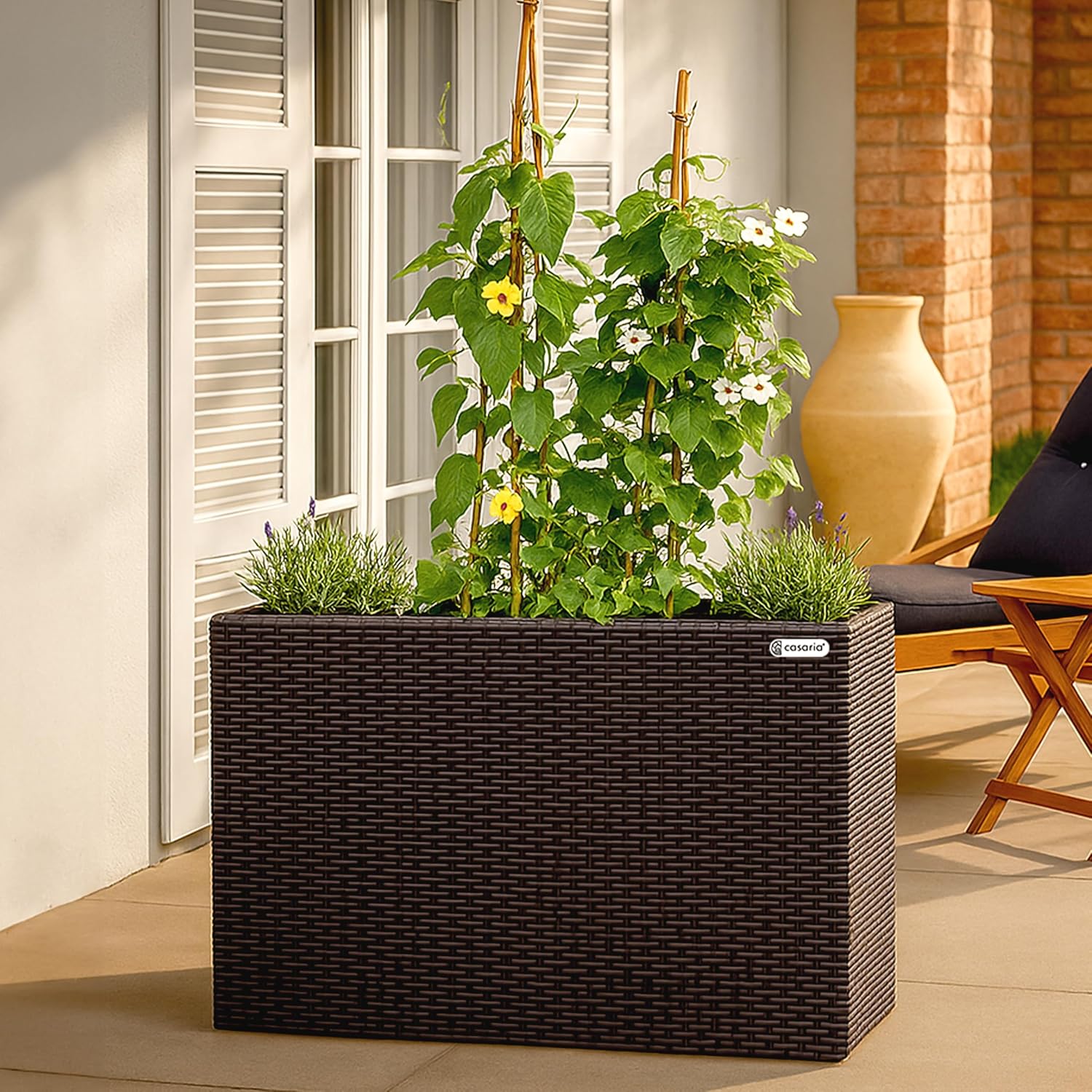 Large Tall Rattan Planter Box 95cm Brown with 4 Pots