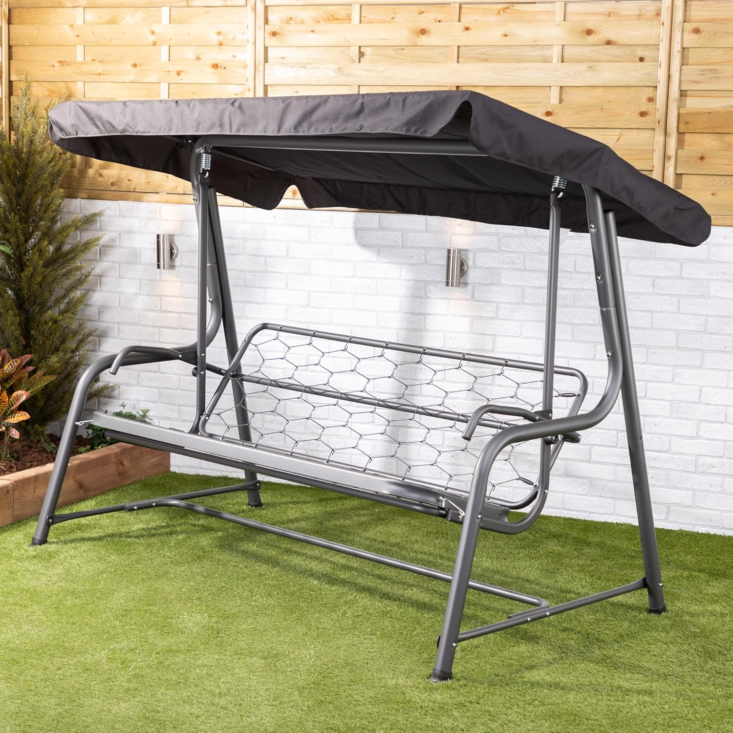 3 Seater Reclining Garden Swing Bed Grey Canopy Cushions 250kg
