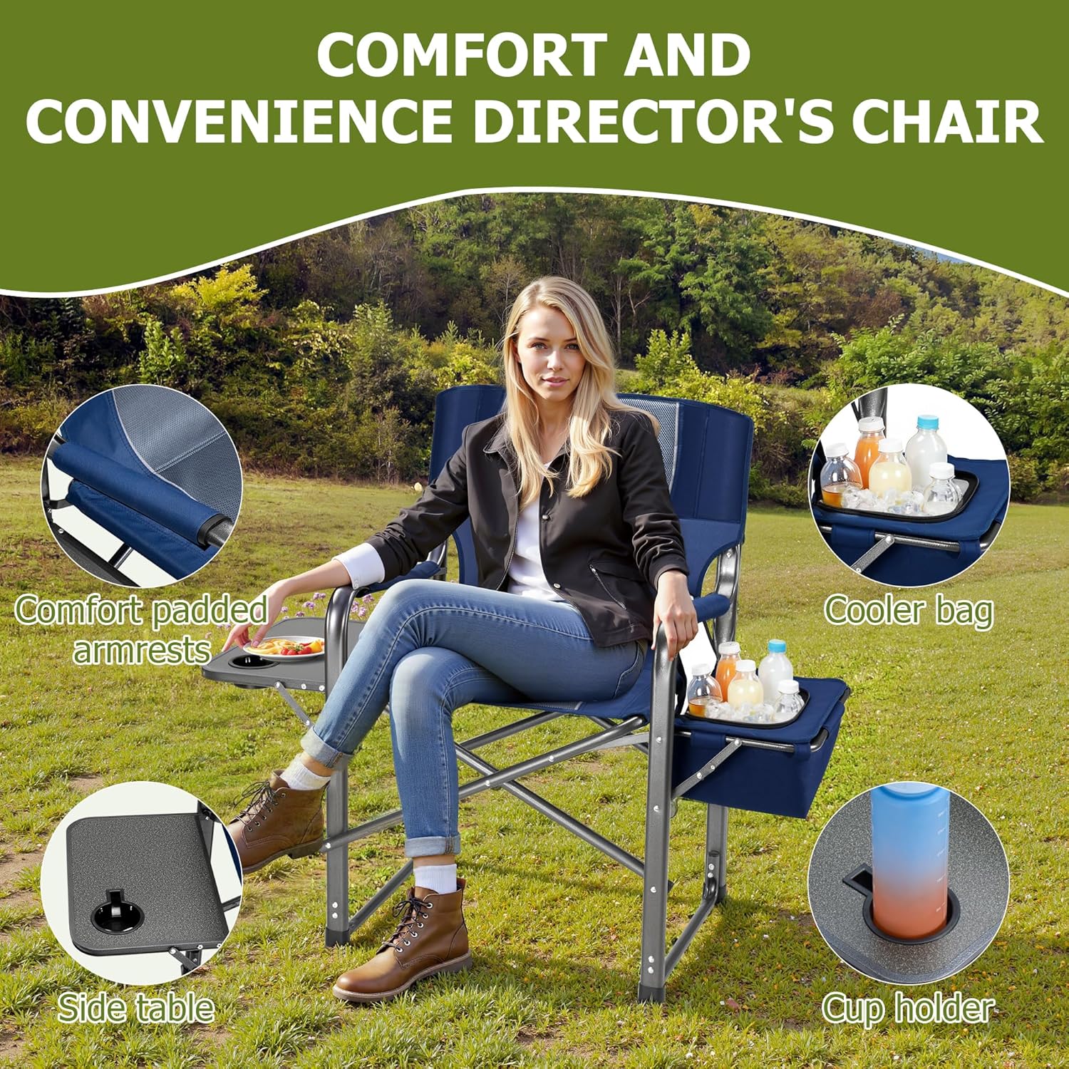 Oversized Folding Camping Chair with Cooler Side Table 400LB Blue