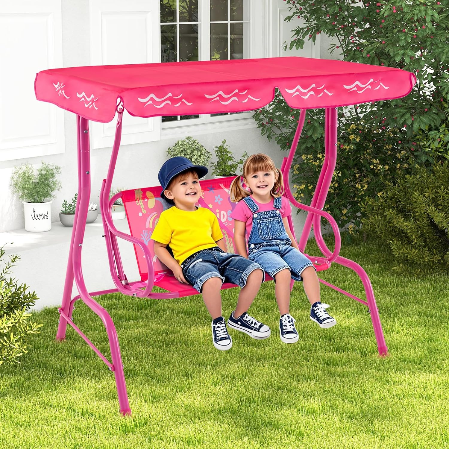 Kids 2 Seat Swing Chair Pink Canopy Safety Belts