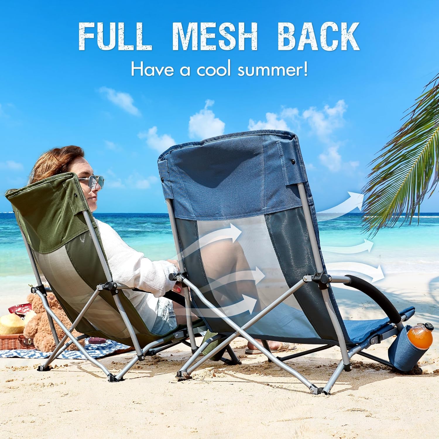 Beach Chairs 2 Pack High Back Folding Seat with Cup Holder