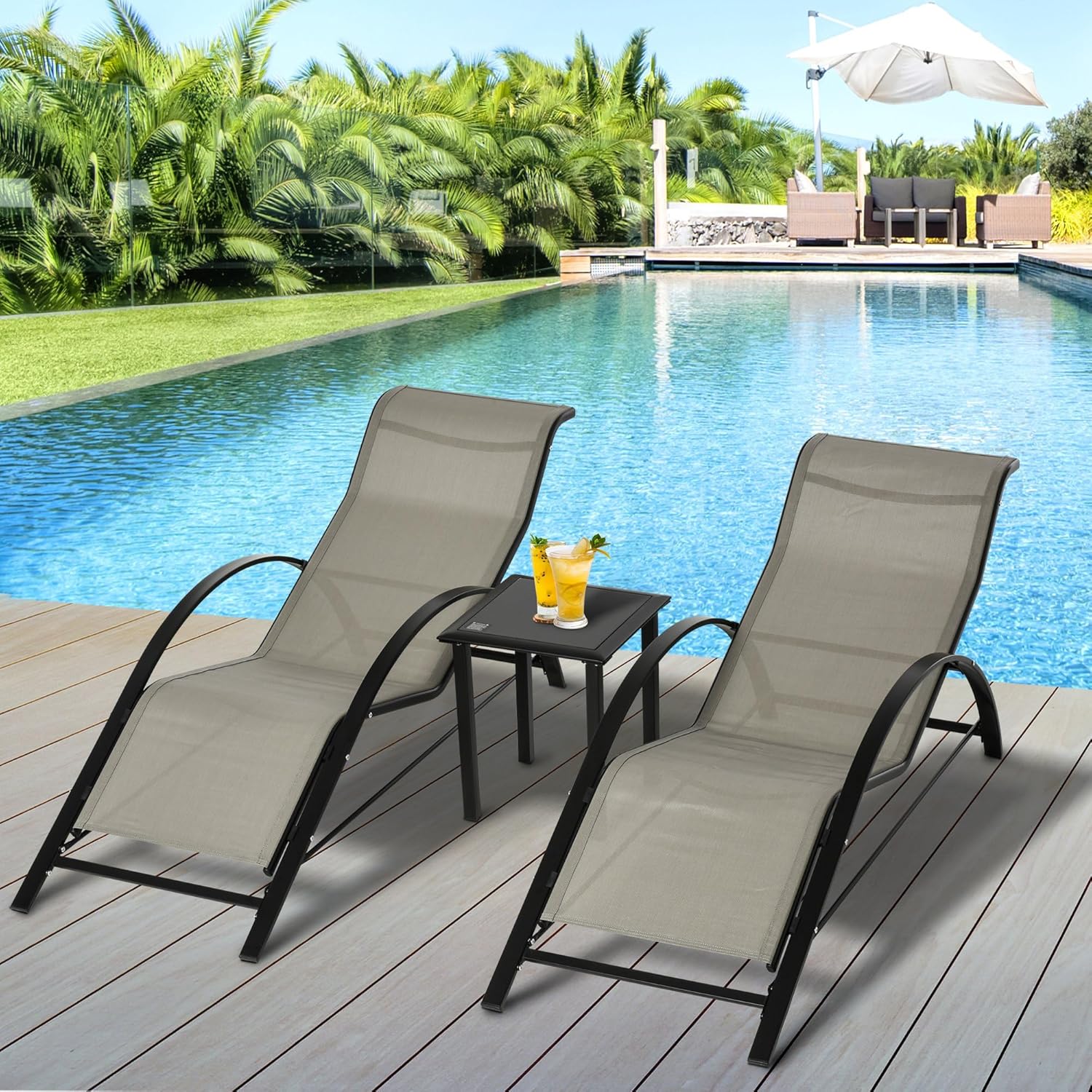 3 Piece Patio Recliner Chair Set with Glass Table Grey