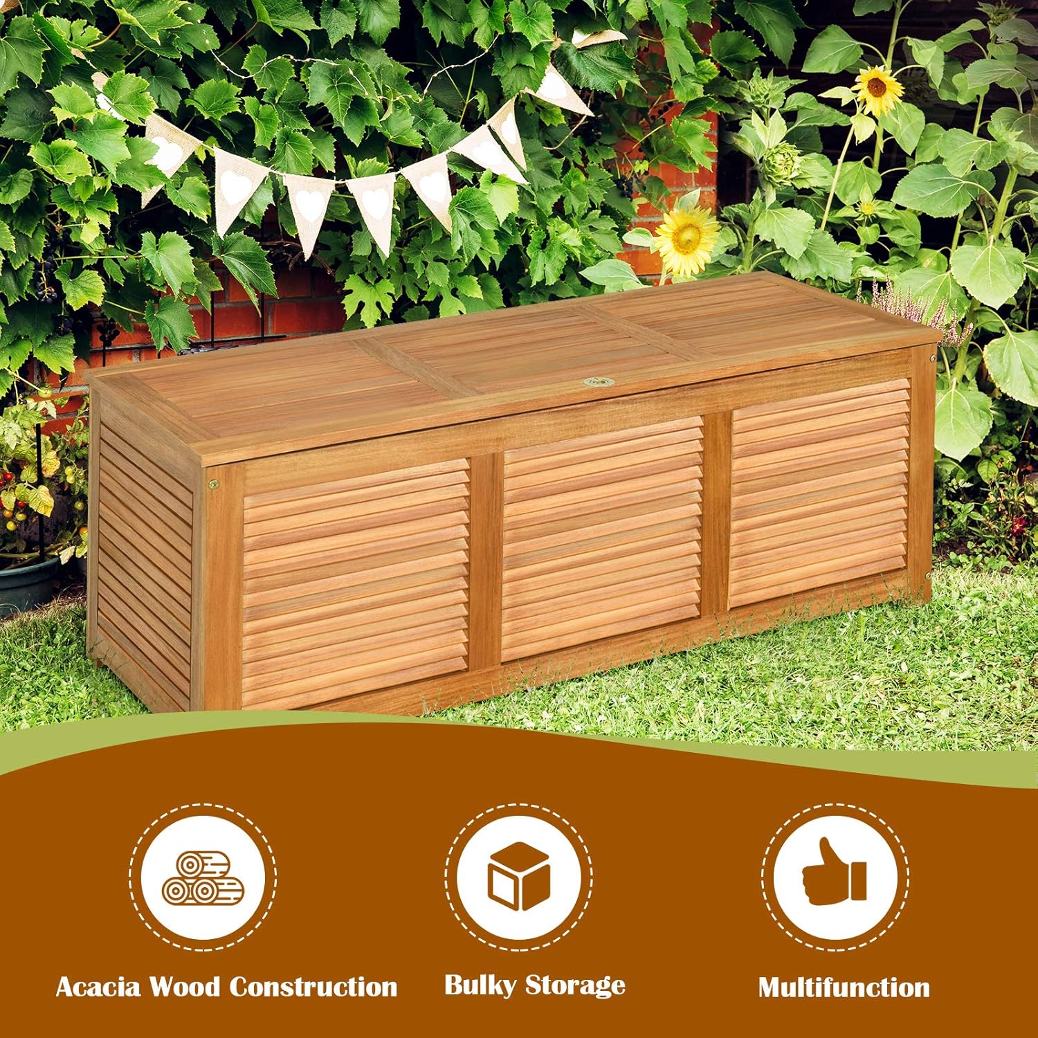 Wooden Garden Storage Bench Box Acacia Deck Chest Cushion Tool Storage