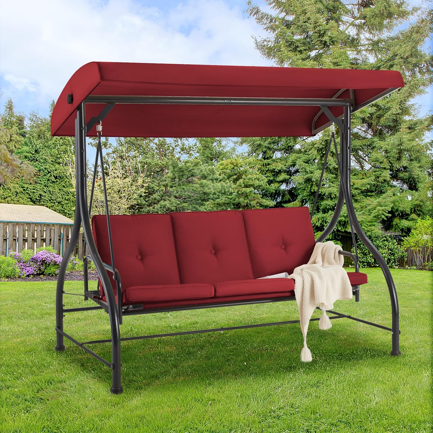 3 Seater Garden Swing Bed Red Canopy Cushion Steel