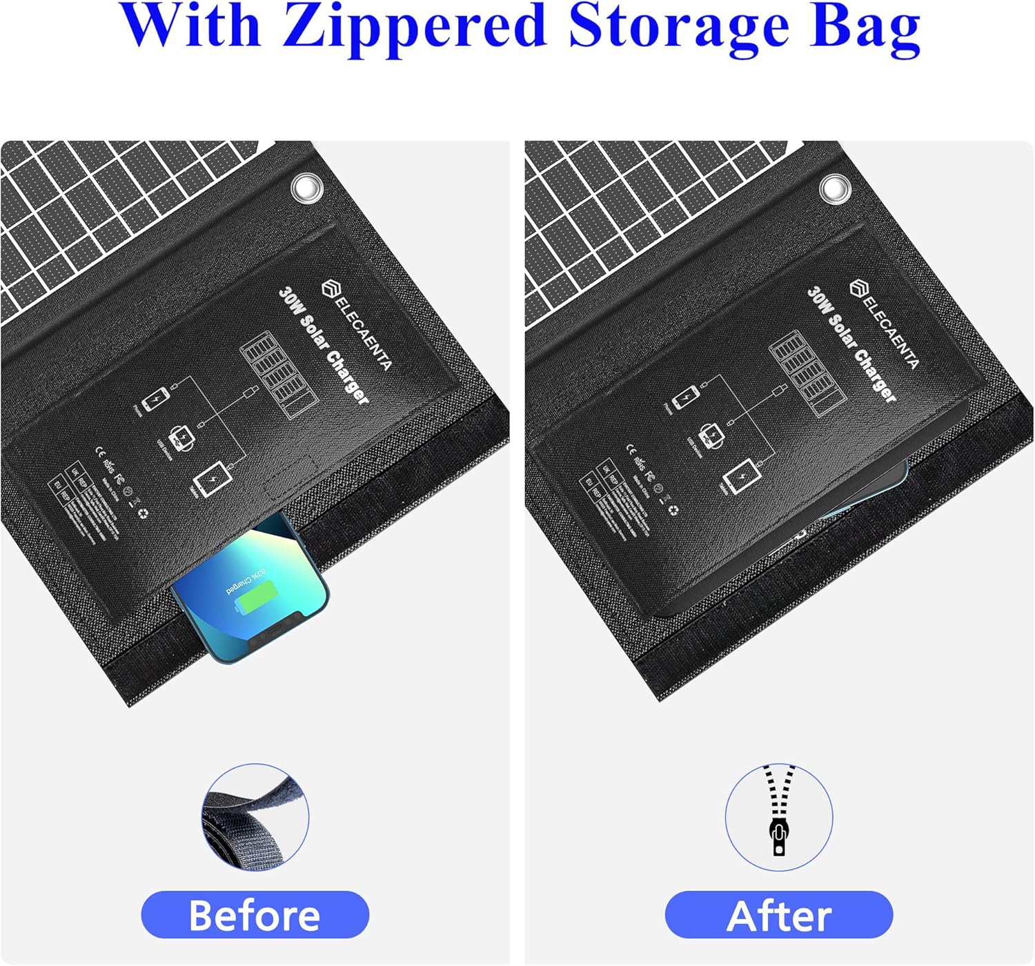 30W Foldable Solar Charger USB C PD QC3 Portable Waterproof Panel