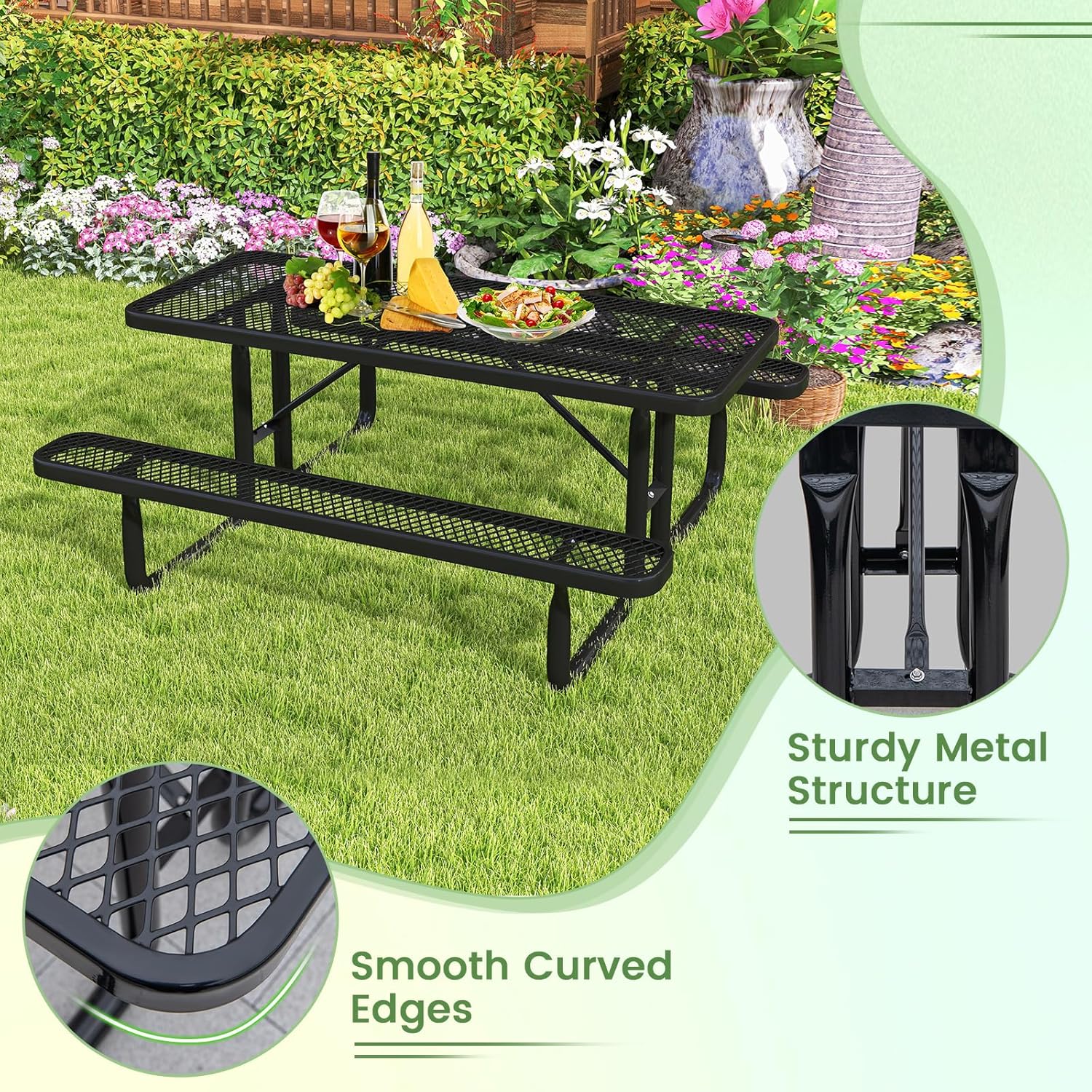 8 Seater Metal Picnic Table Bench Set Outdoor Garden Dining