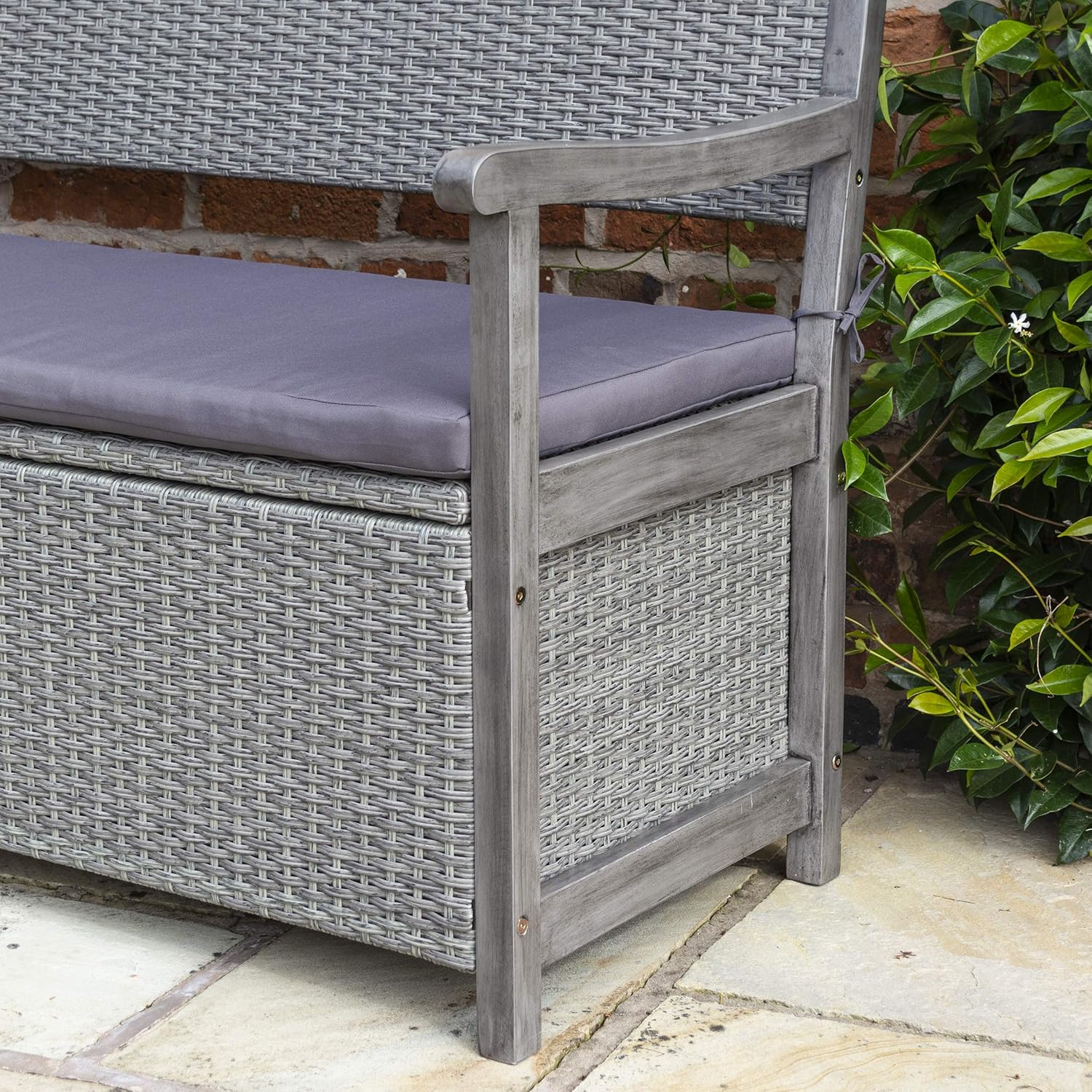 Rattan Garden Storage Bench 2 Seater Grey Patio Seat Box