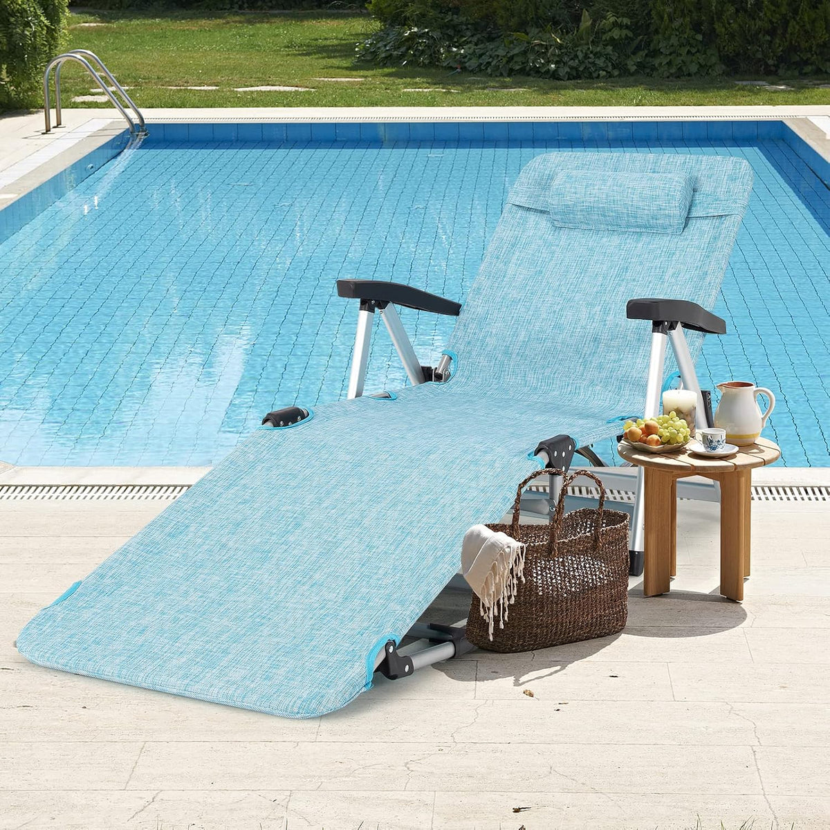 Folding Sun Lounger 7 Position Reclining Chair Cup Holder Blue