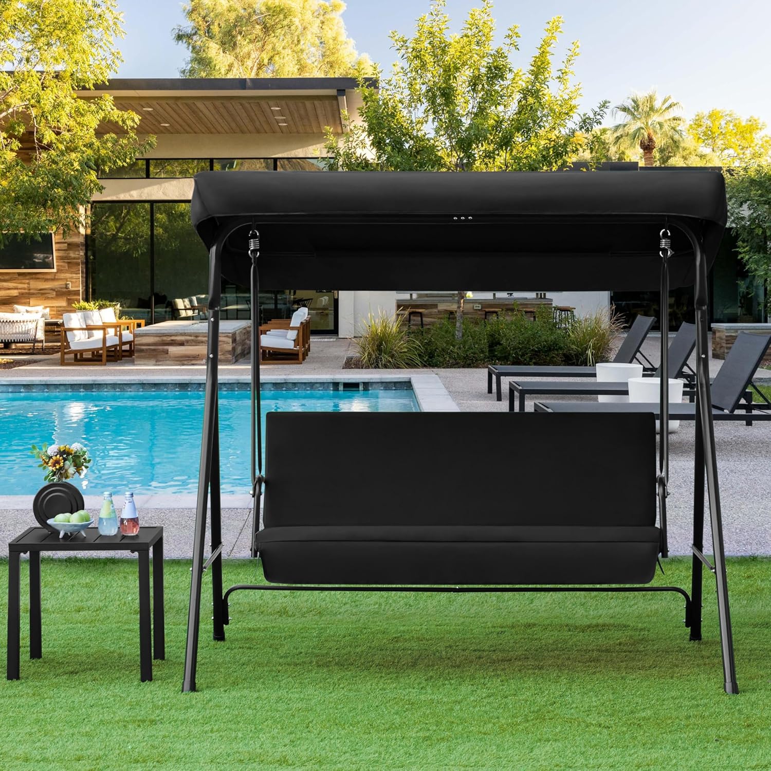 3 Seater Patio Swing Chair Canopy Cushion Black