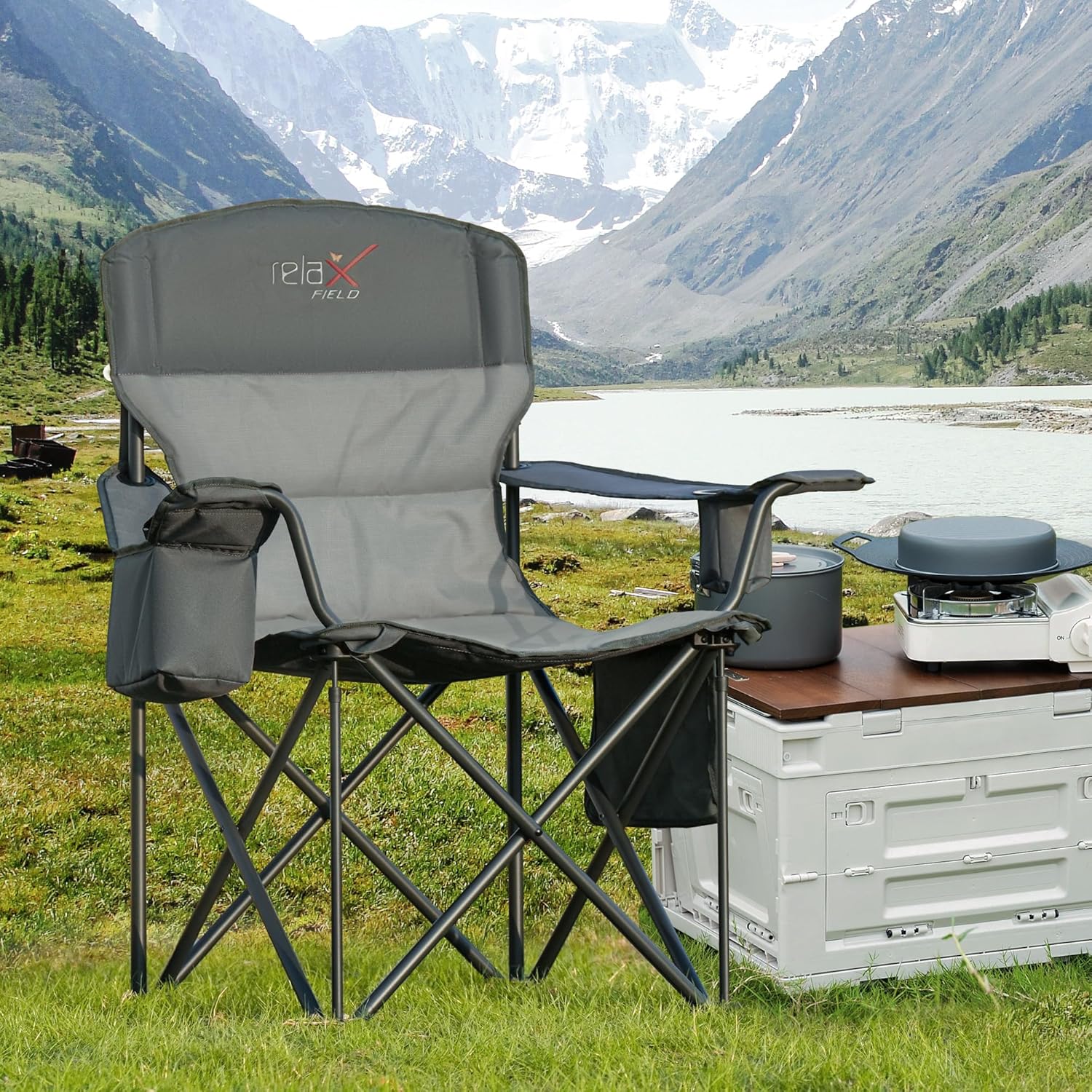 Oversized Camping Chair Heavy Duty Folding 200KG Cup Holder Cooler Grey
