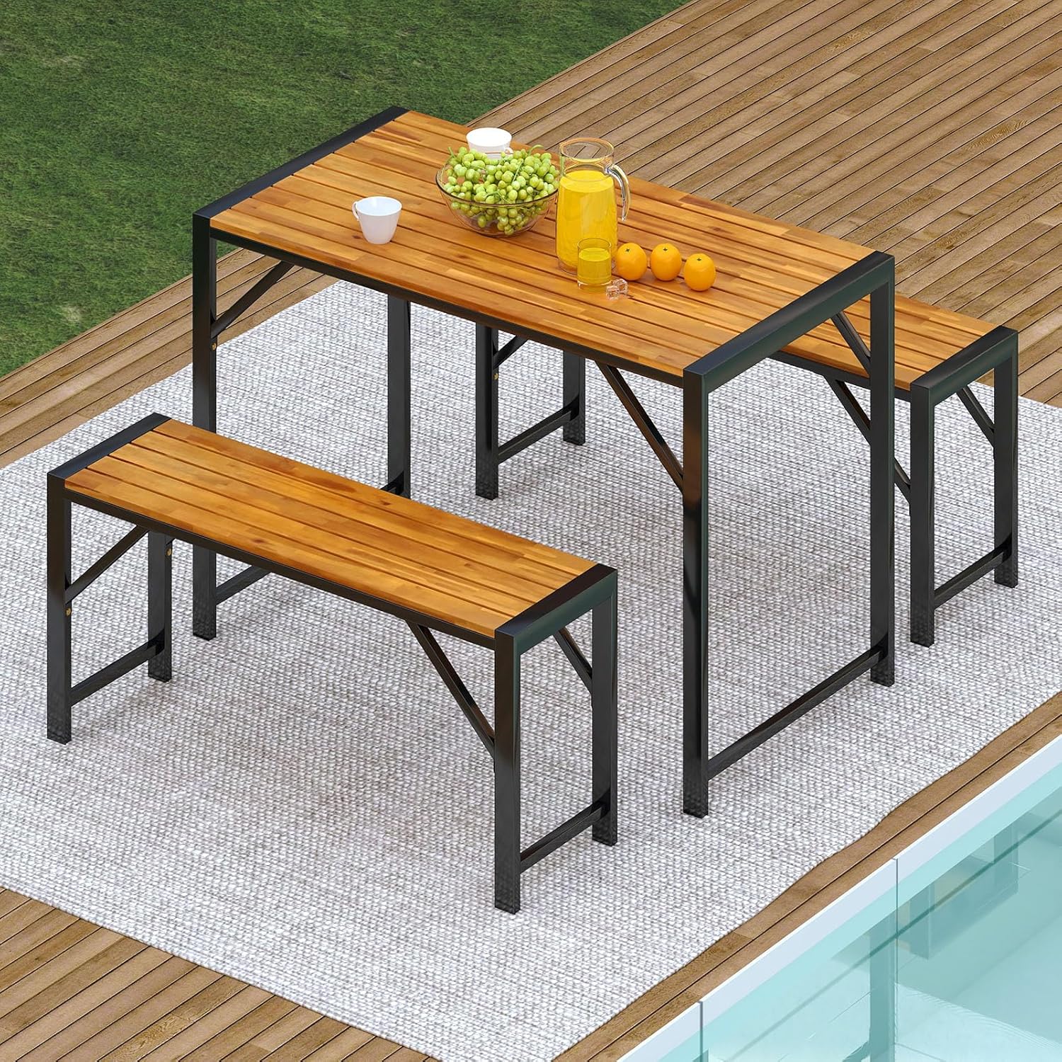 3 Piece Wooden Garden Dining Set Table & 2 Benches Patio Furniture