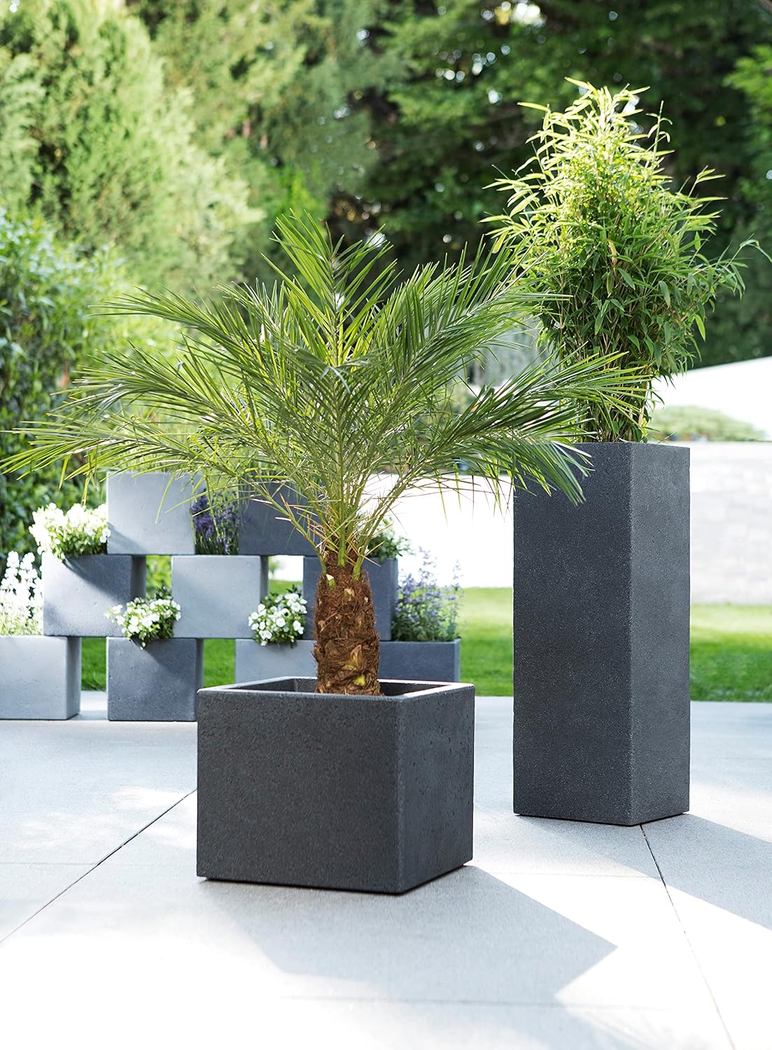 40cm Plant Pot Stony Black Concrete Effect Indoor Outdoor