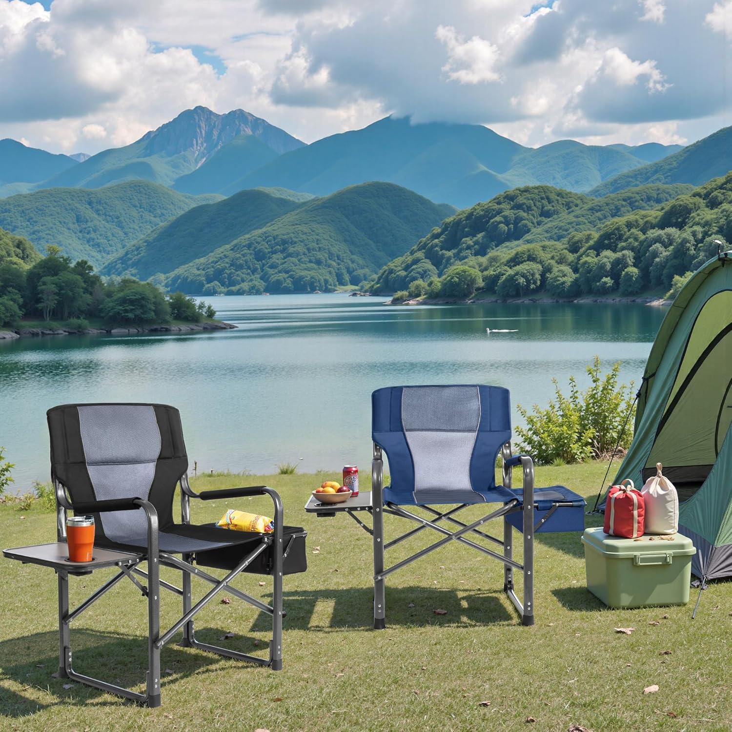 Oversized Folding Camping Chair with Cooler Side Table 400LB Blue
