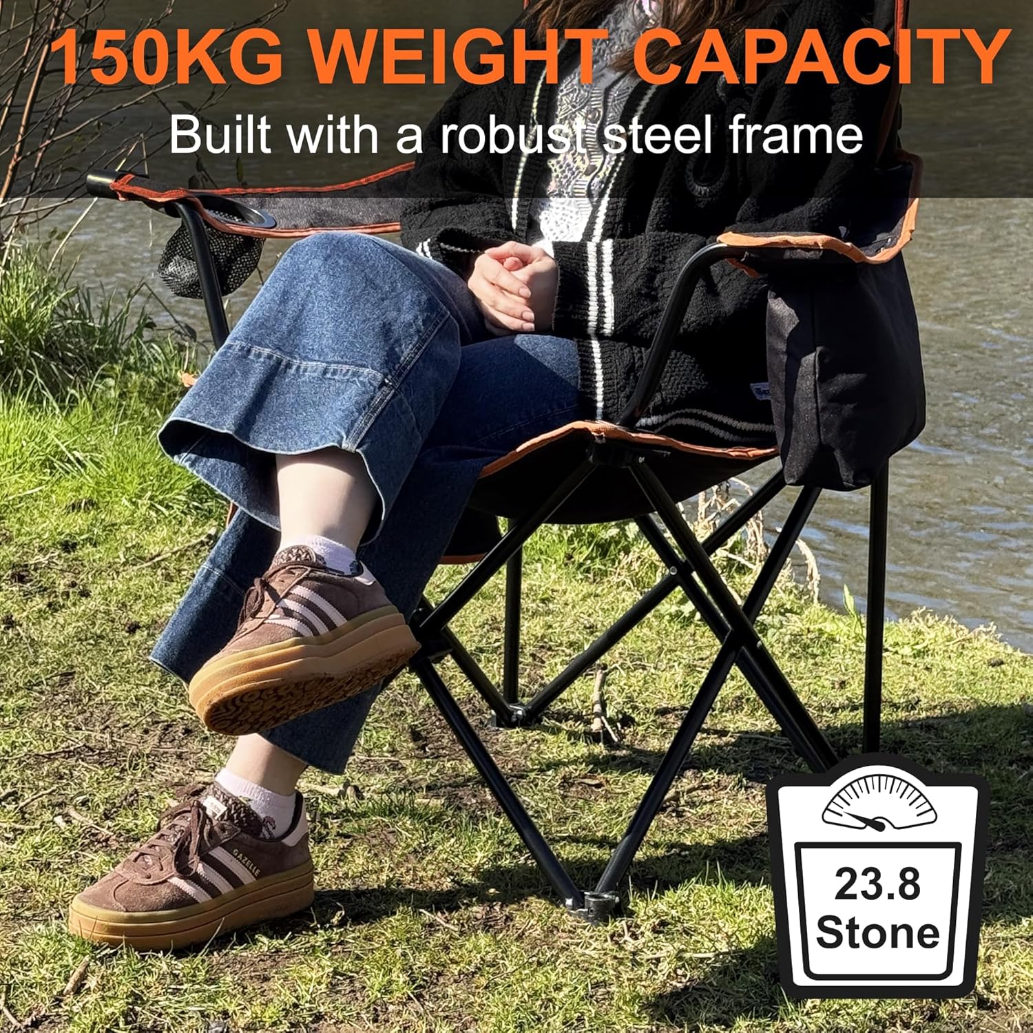 Padded Folding Camping Chair with Cooler Black Orange