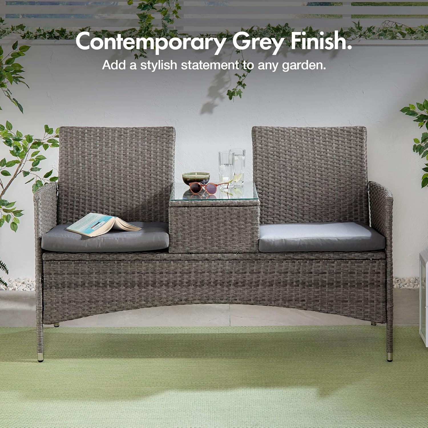 Rattan Garden Love Seat 2 Seater w/Glass Table Cushions