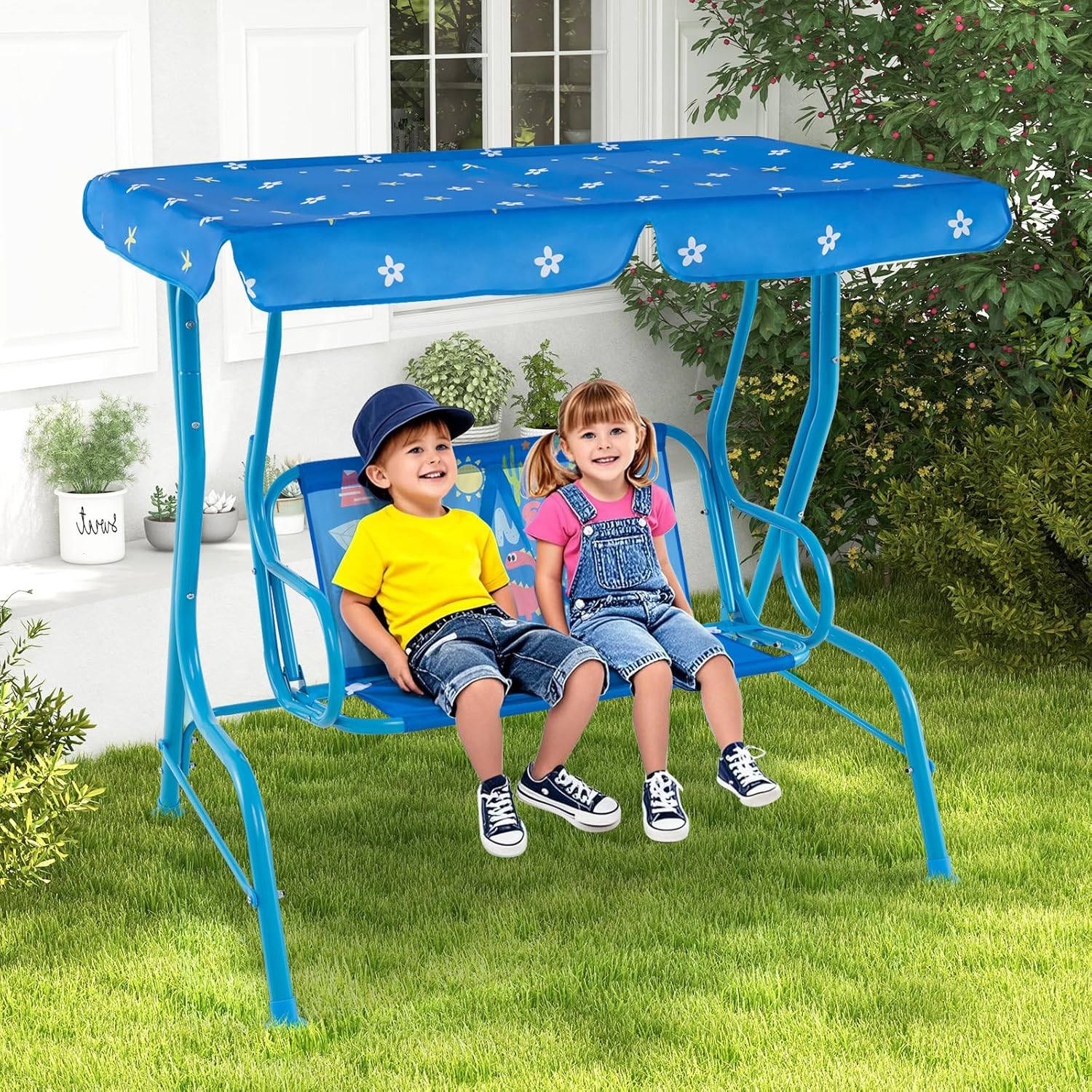Kids 2 Seat Swing Chair Blue Canopy Safety Belts