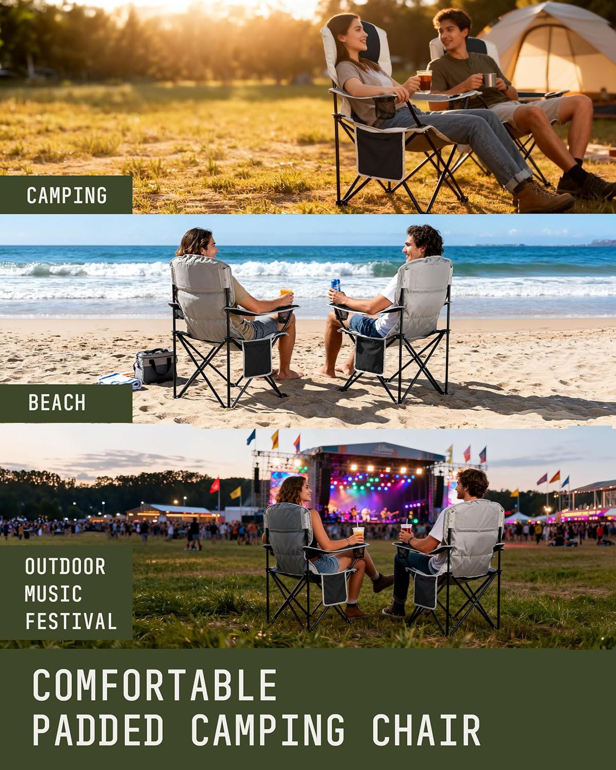 Padded Folding Camping Chairs 2 Pack Cooler Bag Black
