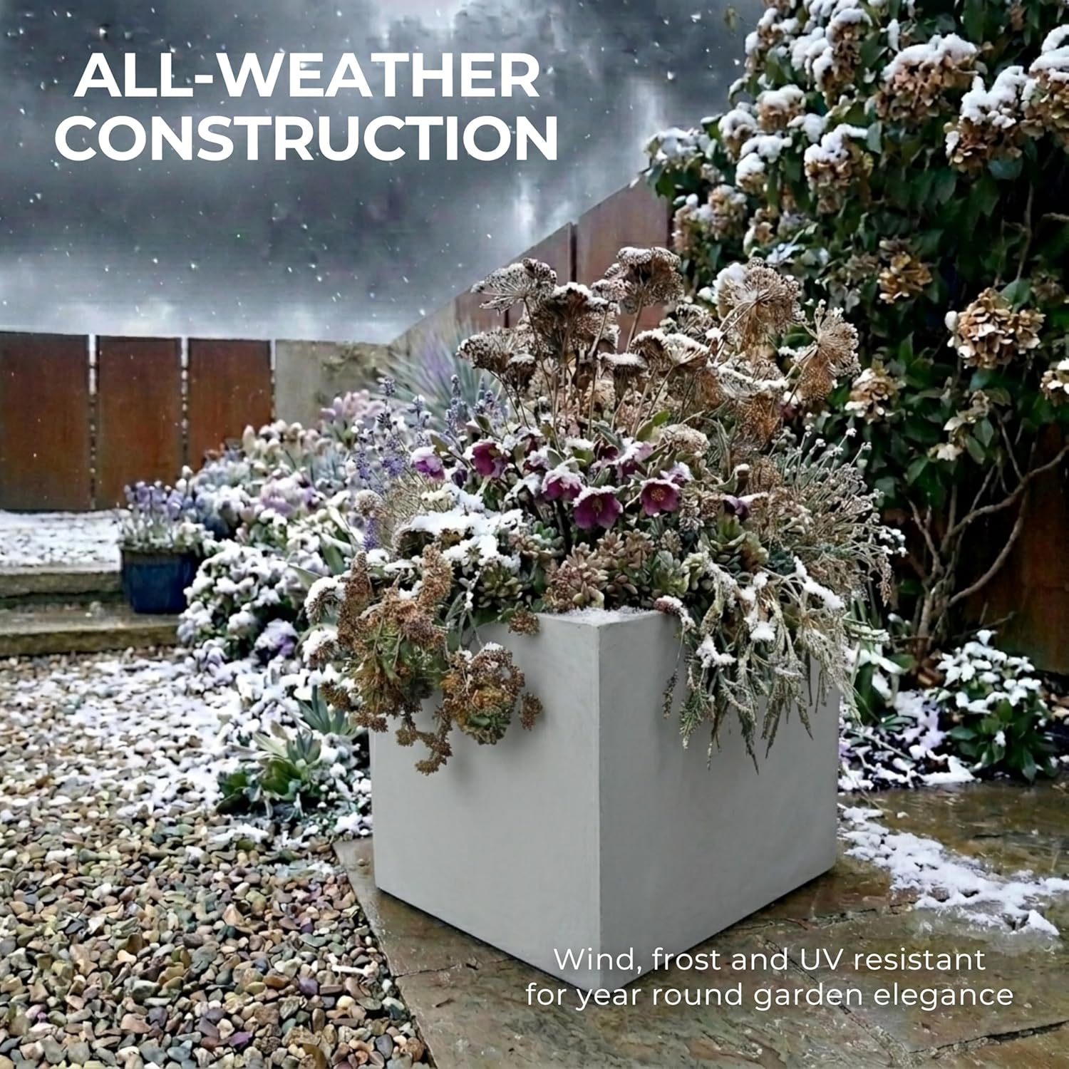 40cm Square Planter Grey Stone Effect Garden Pot Drainage