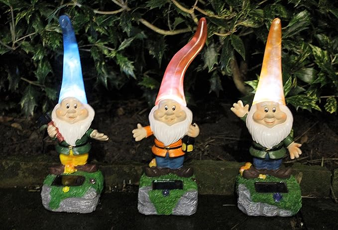 3Pcs Solar Garden Gnomes 29cm Light Up Resin Outdoor Set