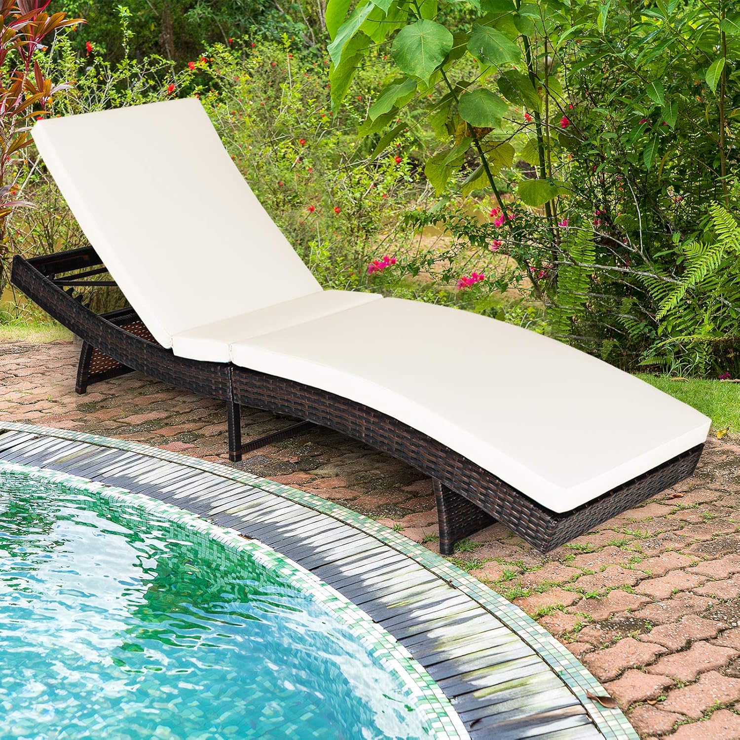 Folding Rattan Sun Lounger 5 Position Cushion Cream