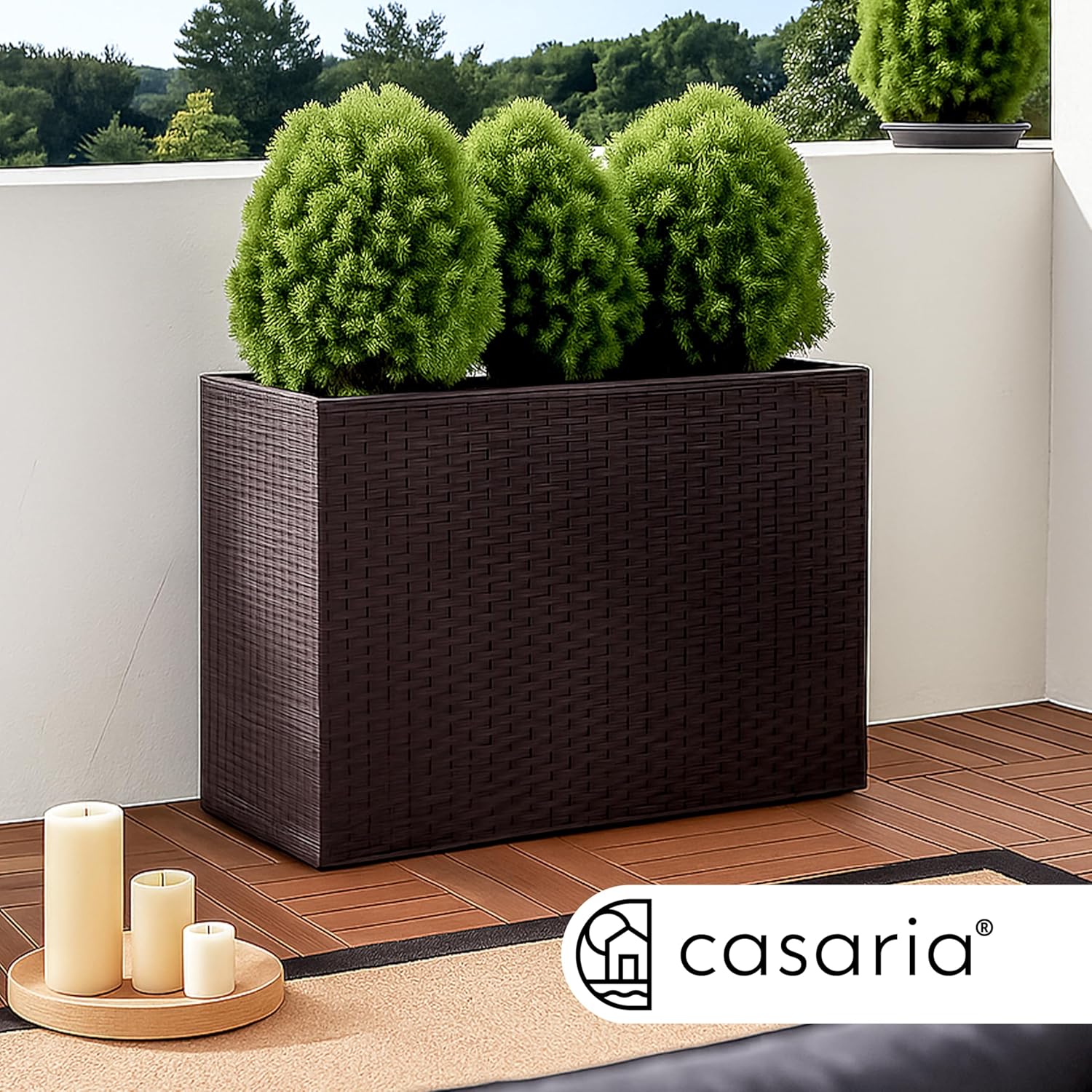 Tall Rattan Planter Box 83cm Brown with 3 Pots