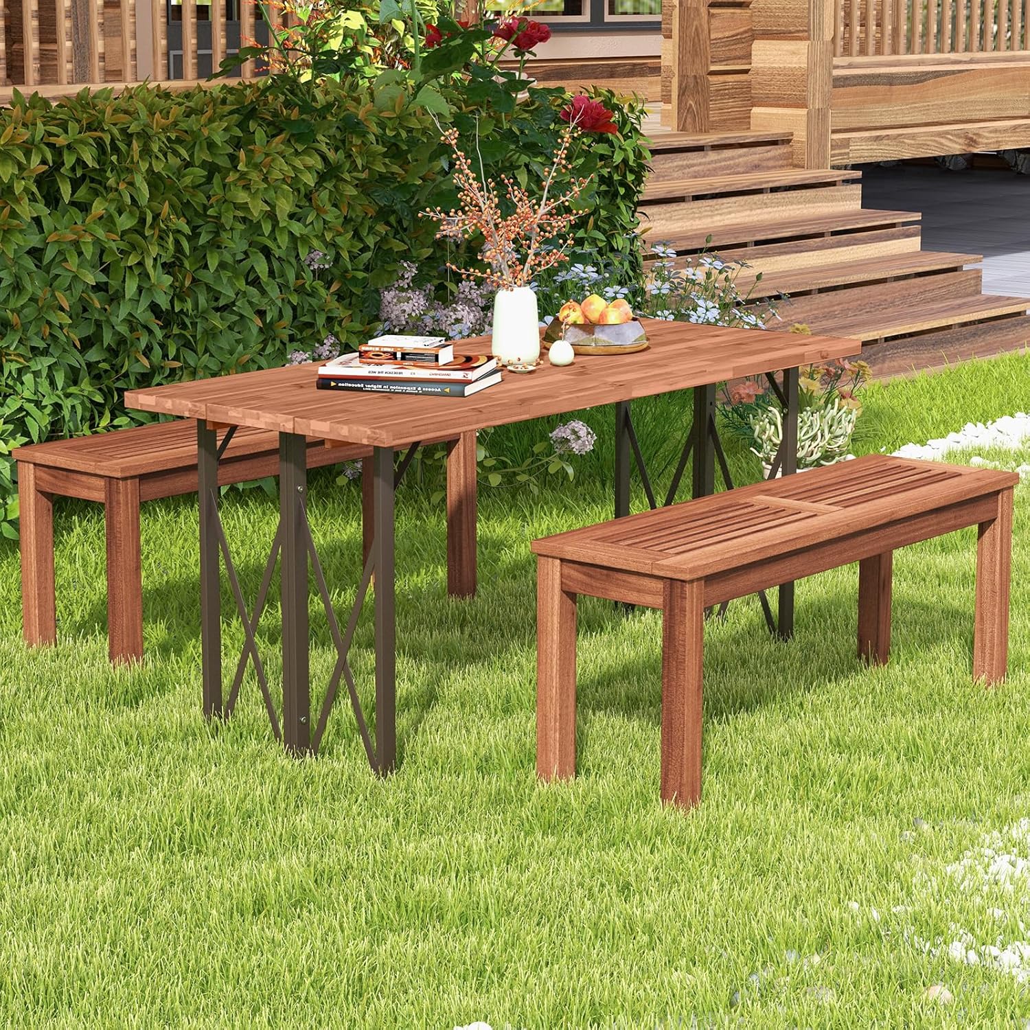 2 Seater Wooden Garden Bench Backless Patio Dining Seat 100cm