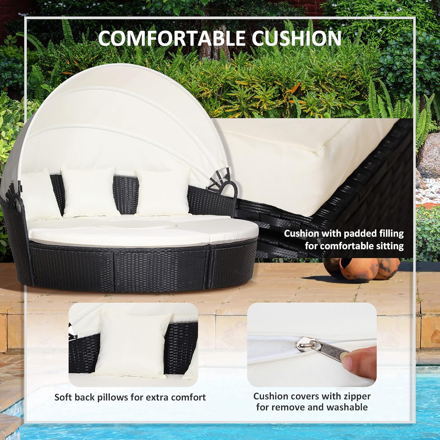 5 Piece Rattan Round Daybed Lounge Set Canopy Black