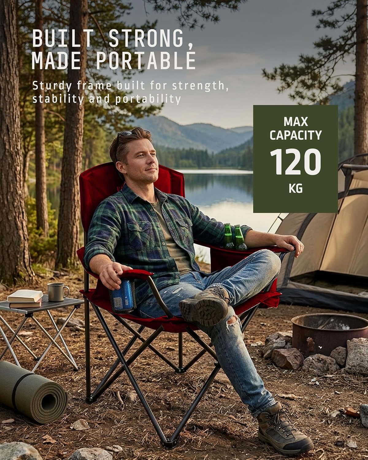 Folding Camping Chairs 2 Pack Cooler Bag Red Set