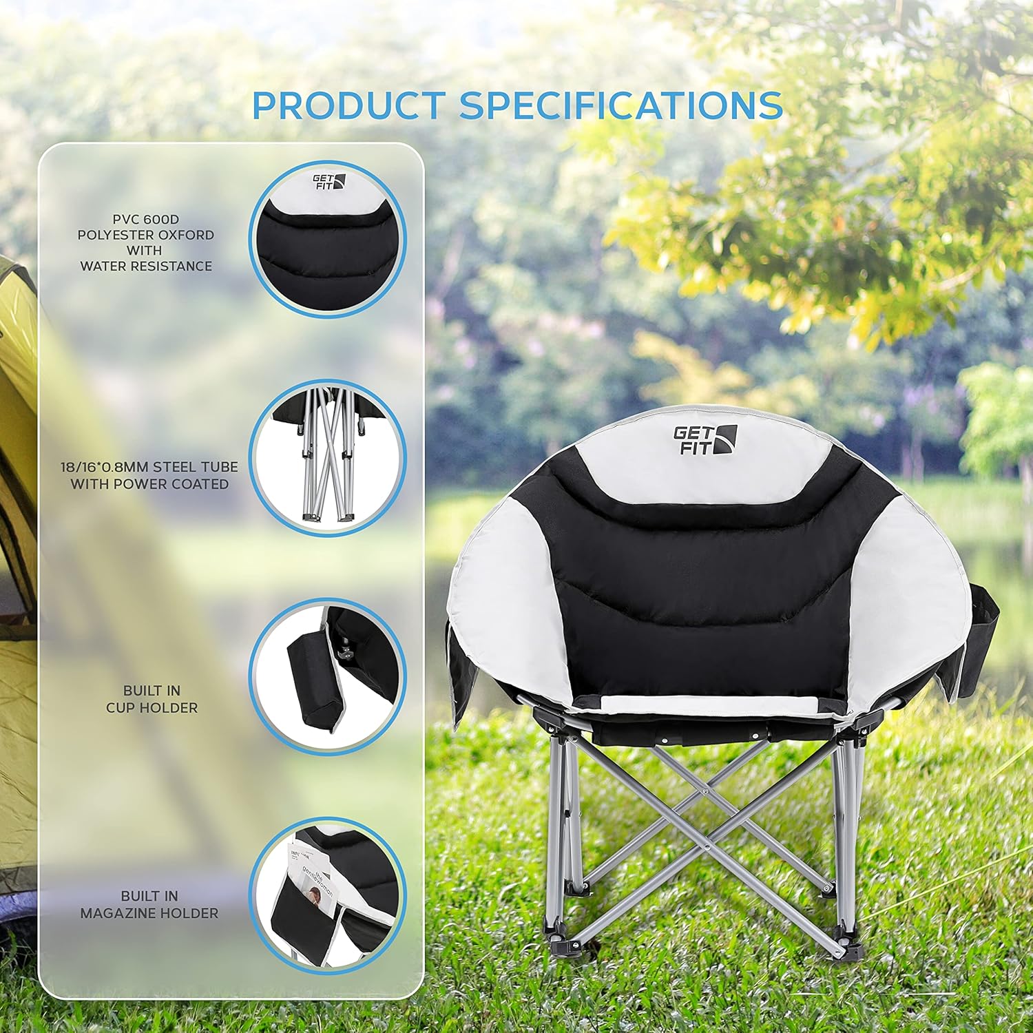 Moon Camping Chair with Cup Holder Pocket Black