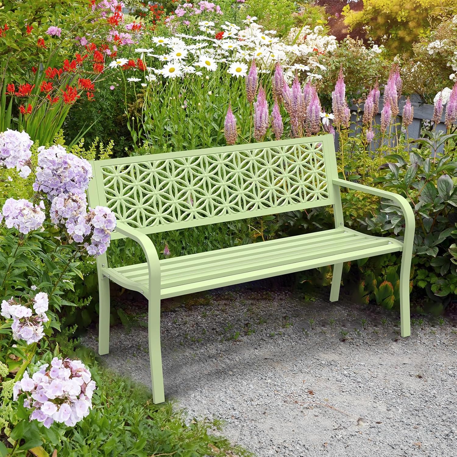 Metal Garden Bench 2-3 Seater Floral Back Outdoor Patio Seat Green