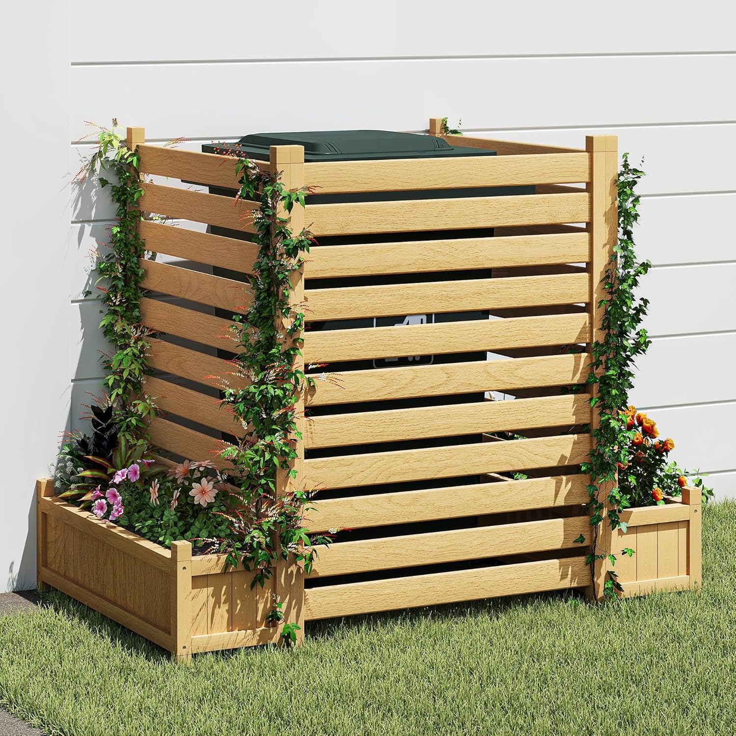 3 Piece Wooden Planter with Trellis Privacy Screen Set