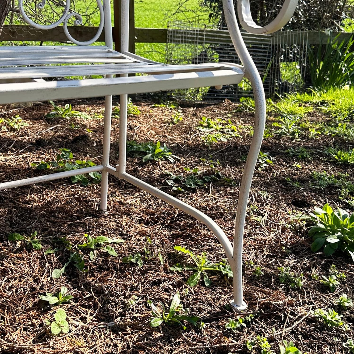 Vintage White Metal Garden Bench 2 Seater French Country Seat