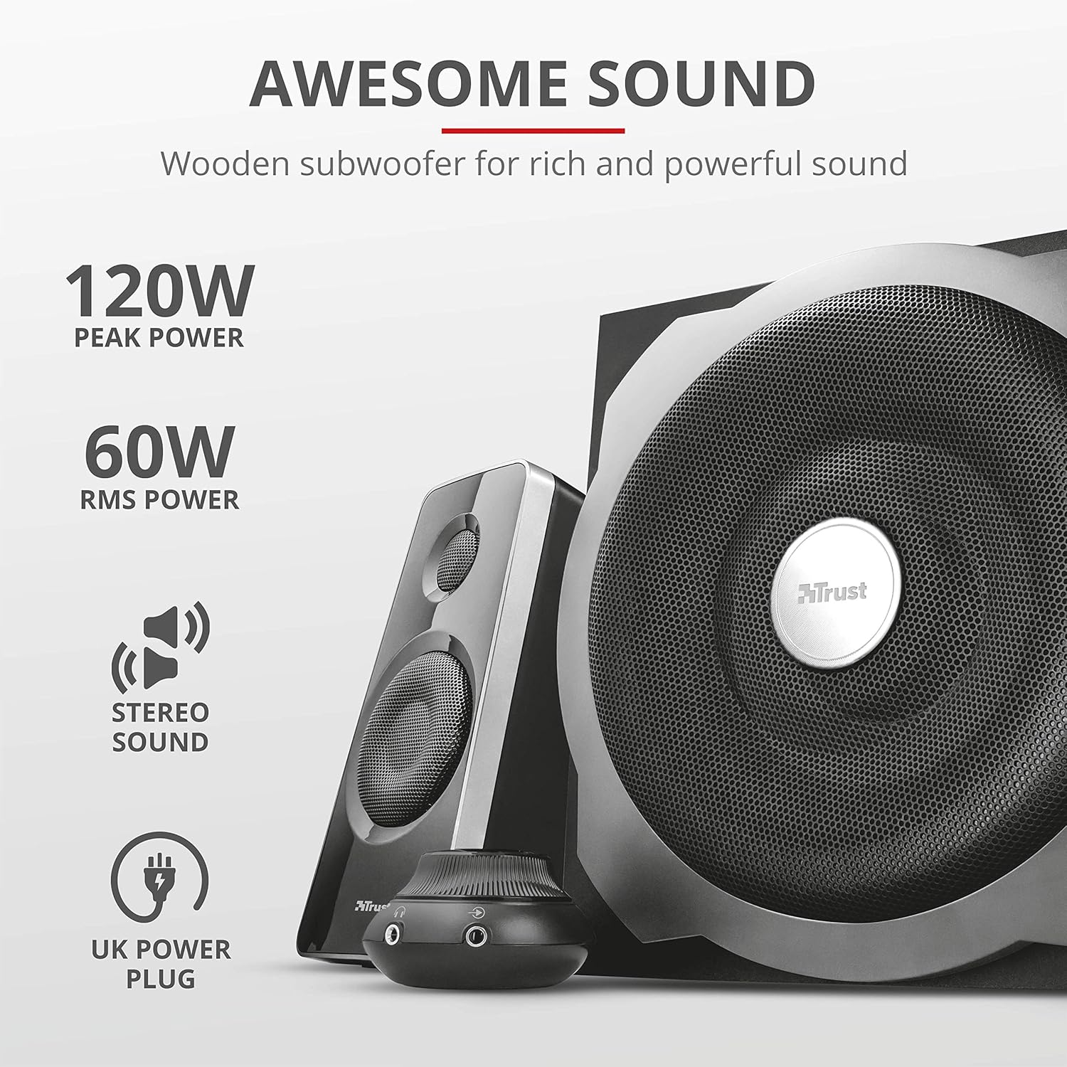 2.1 PC Speakers Subwoofer 120W Deep Bass AUX Control