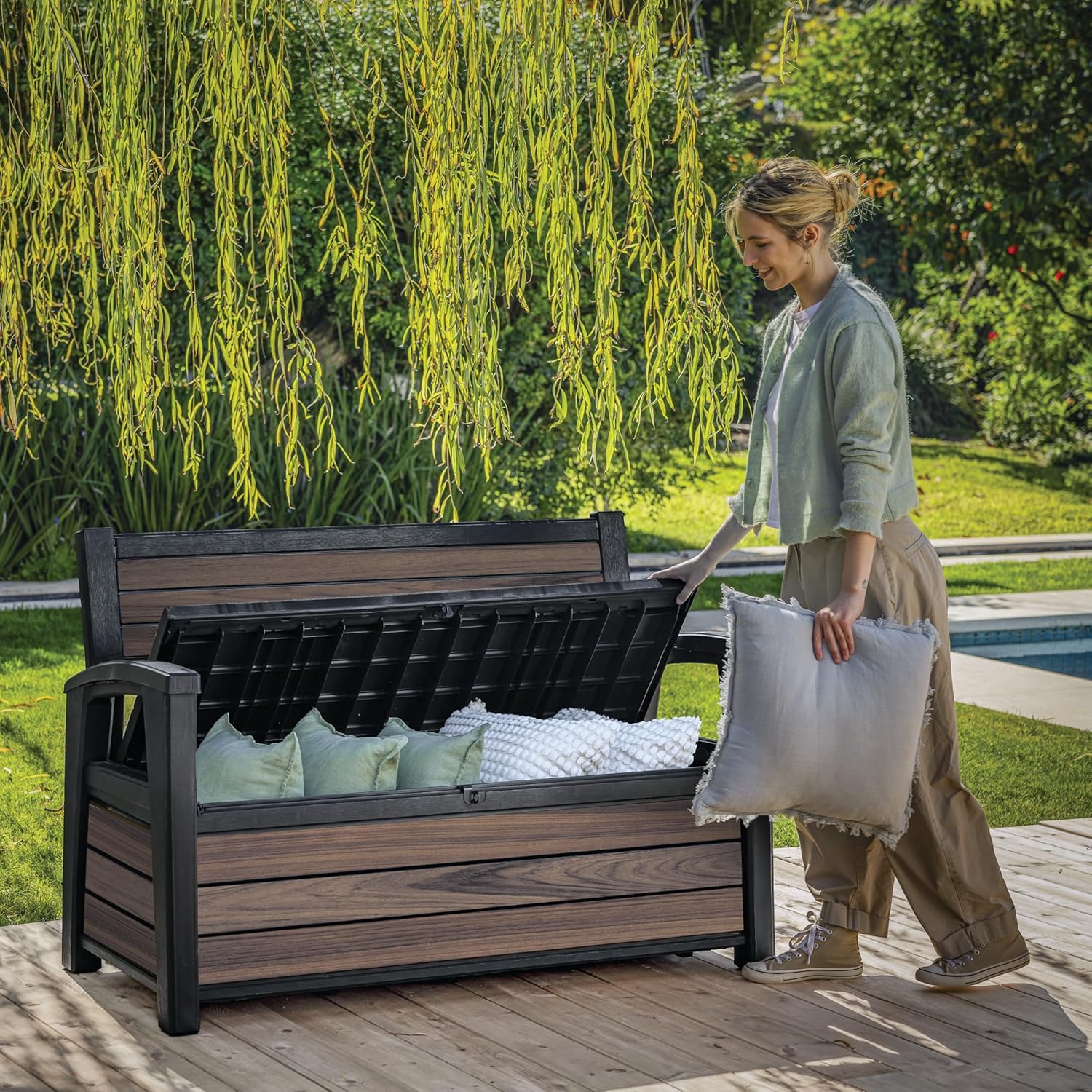 227L Outdoor Garden Storage Bench Wood Look Resin Patio Seat