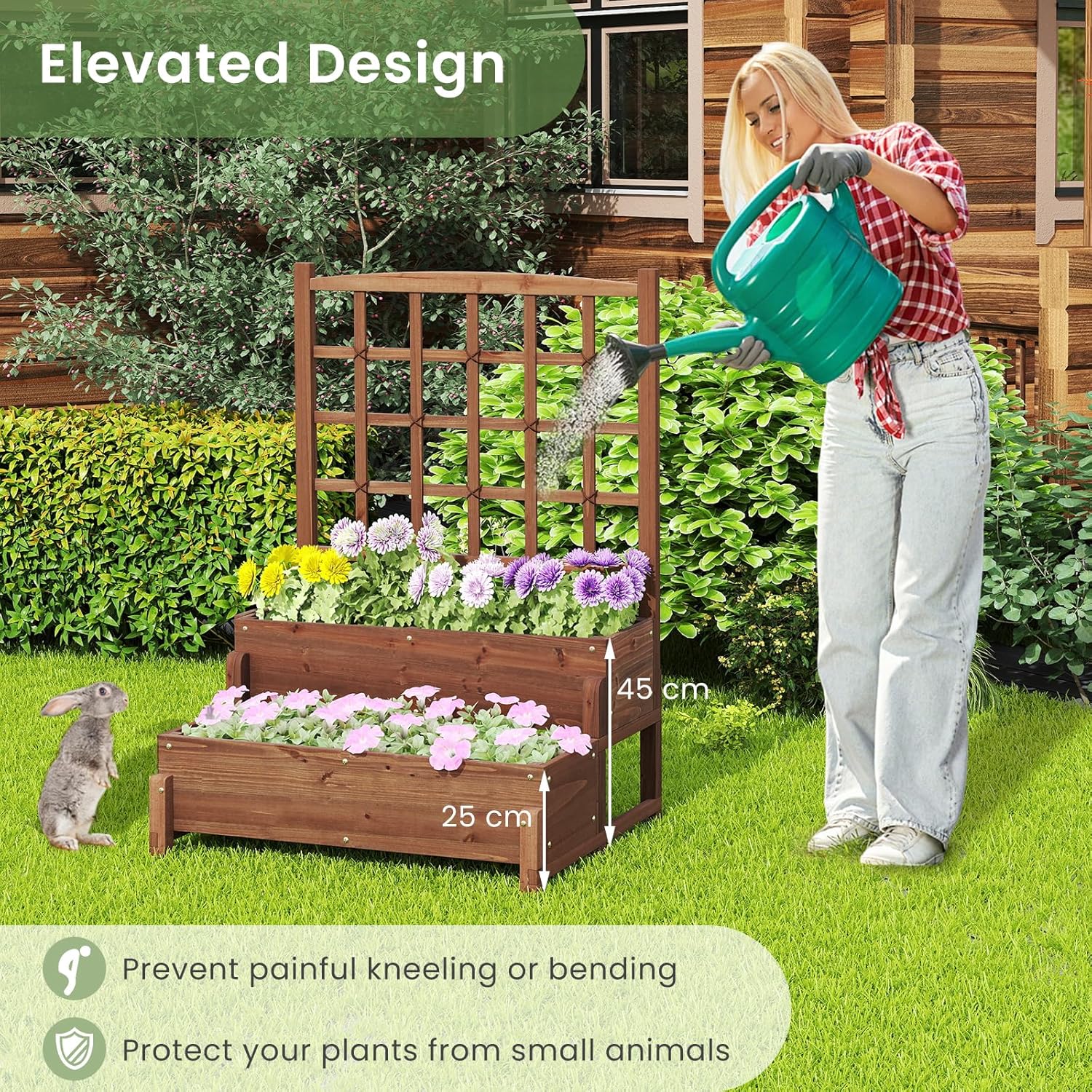 2 Tier Raised Garden Bed with Trellis Wooden Planter 121cm