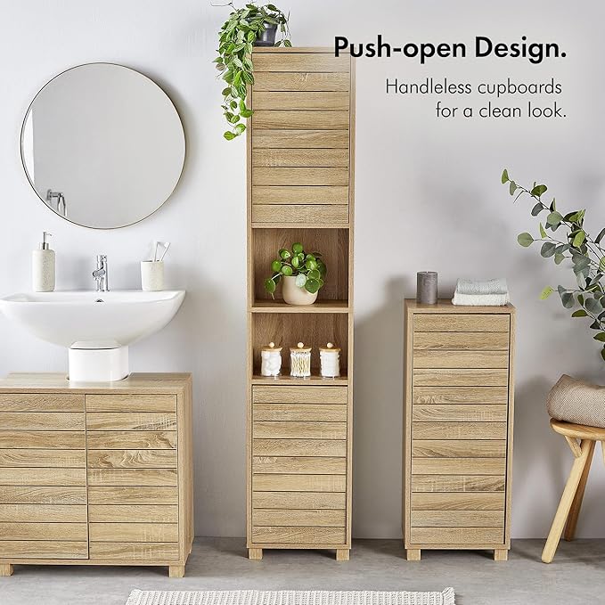 Tall Bathroom Cabinet Oak Effect Tallboy 2 Doors 7 Shelves Storage