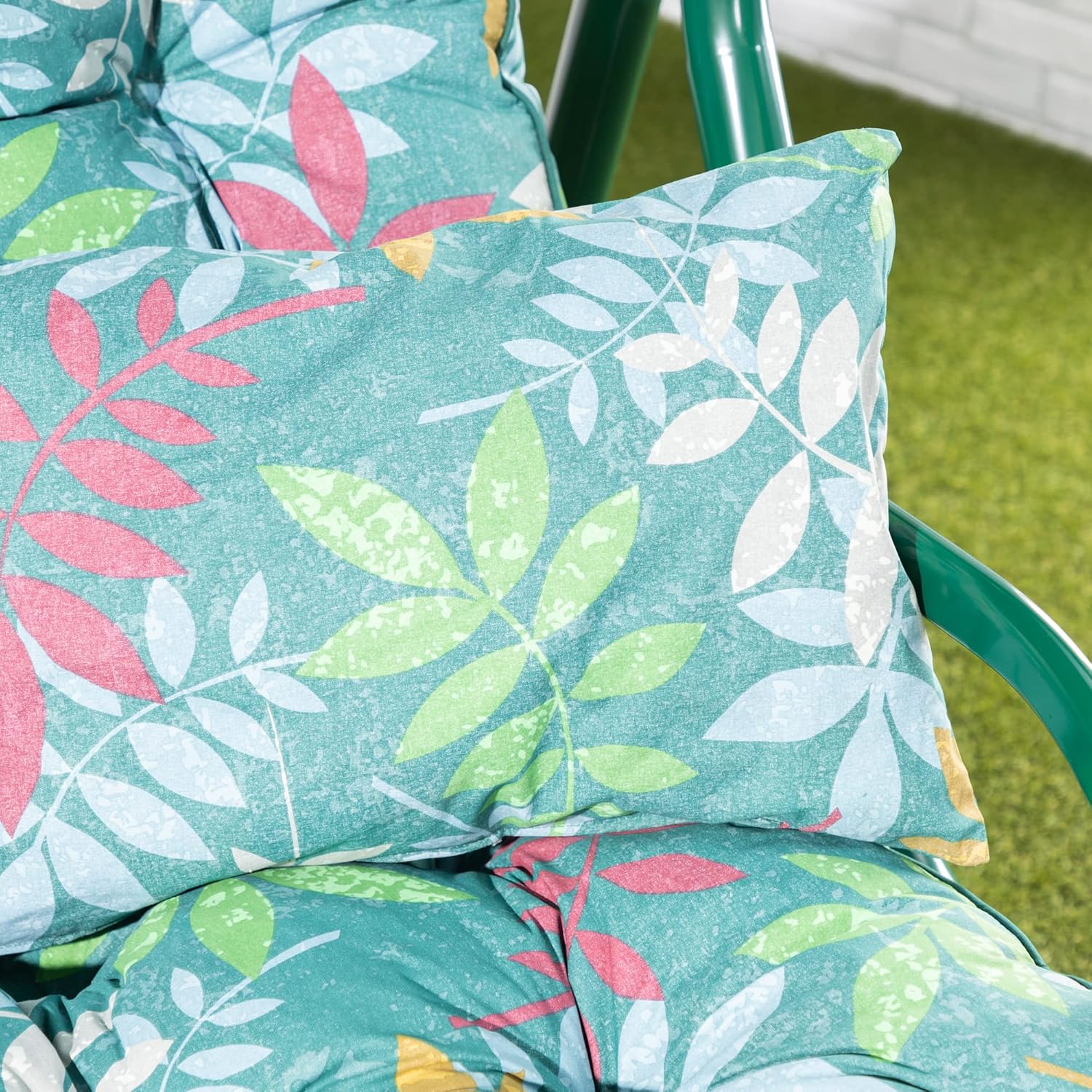 3 Seater Garden Swing Seat Green Leaf Canopy Cushions 250kg