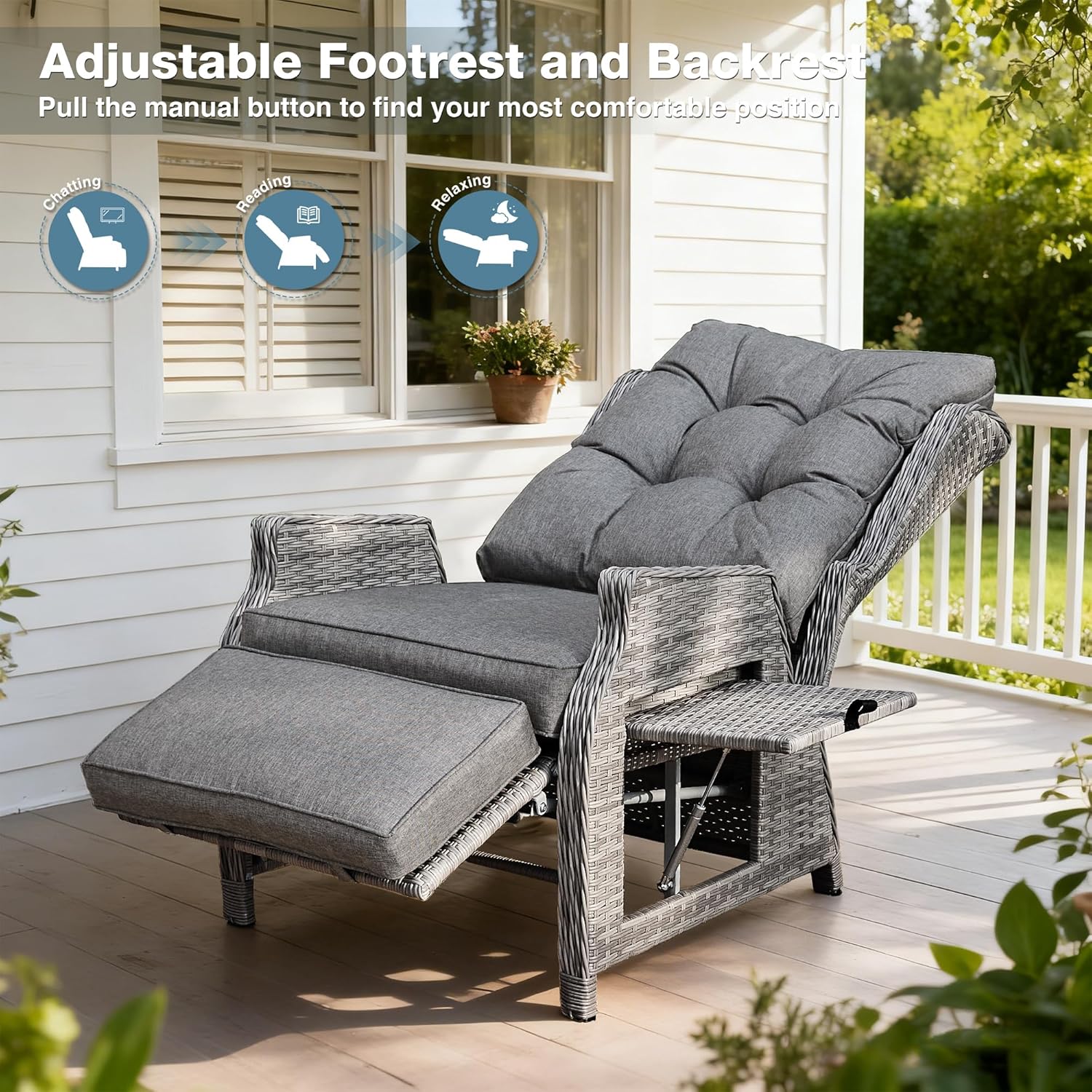 Rattan Reclining Sun Lounger Chair with Cushion Table Grey