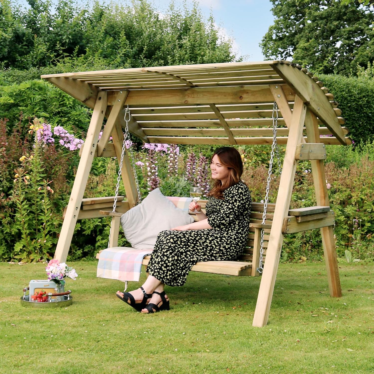 Wooden 2 Seater Garden Swing Seat with Canopy Shelves