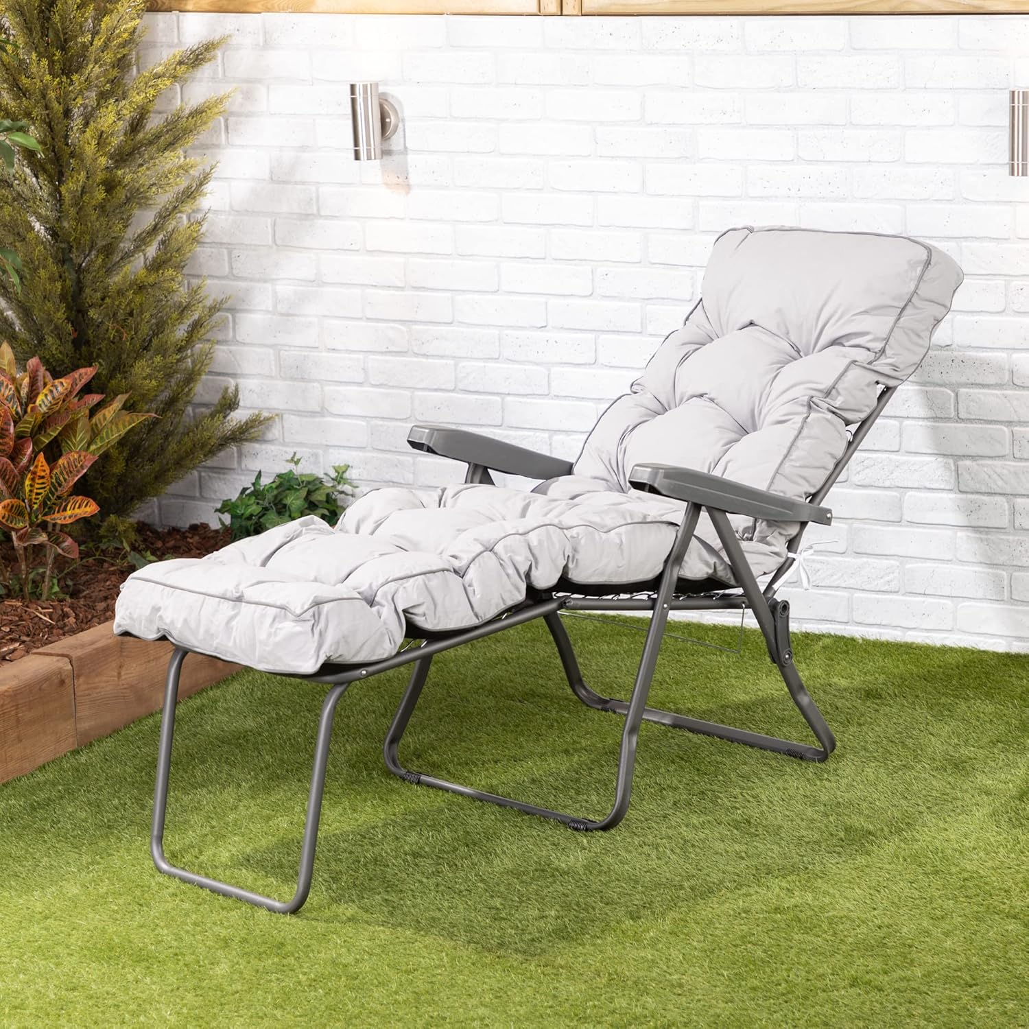 Folding Reclining Sun Lounger Chair with Thick Cushion Grey