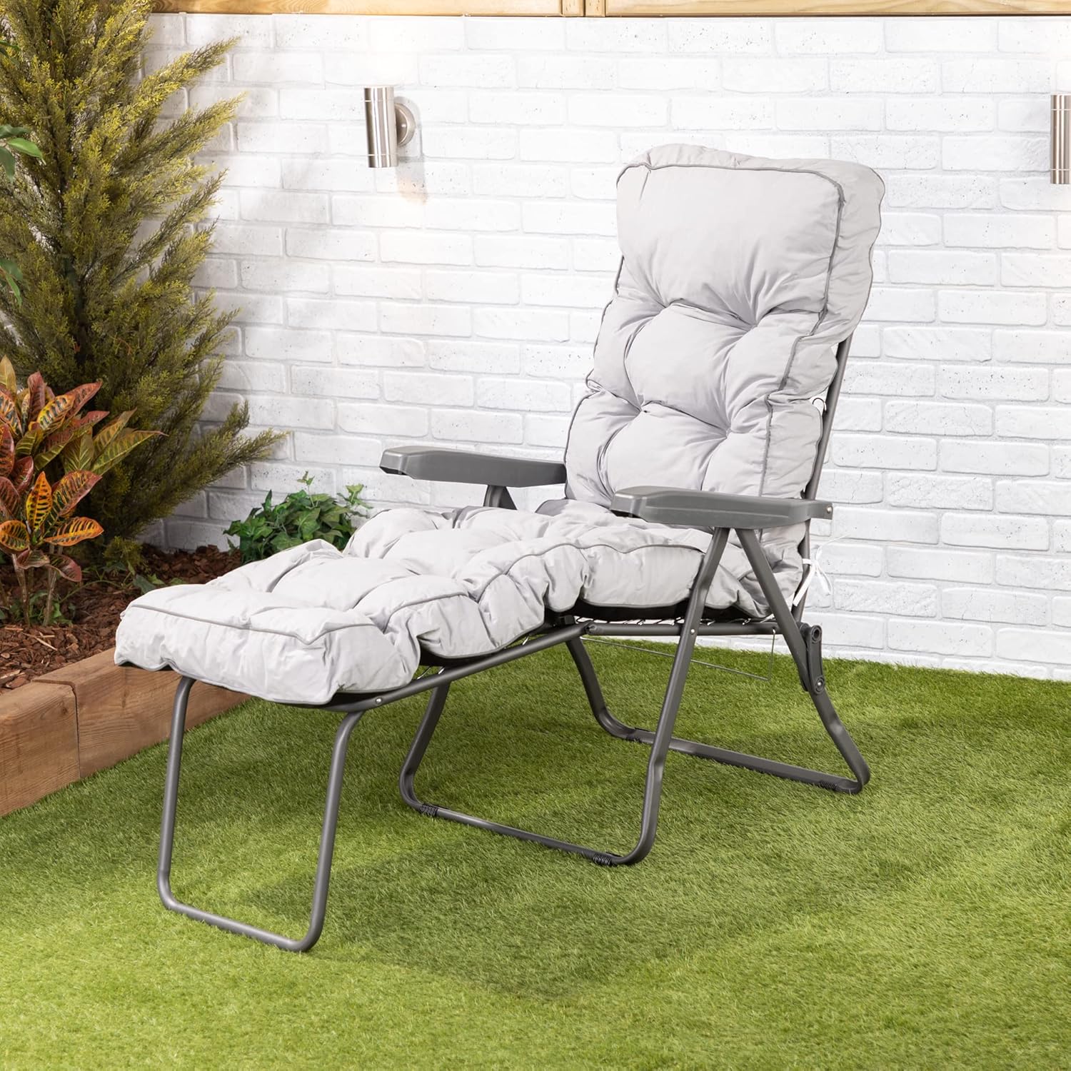 Folding Reclining Sun Lounger Chair with Thick Cushion Grey