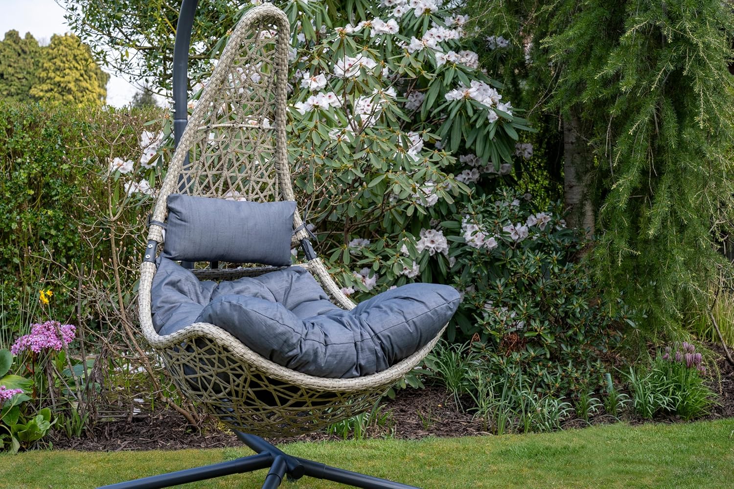 Hanging Swing Chair Grey Rattan Stand Cushion Set
