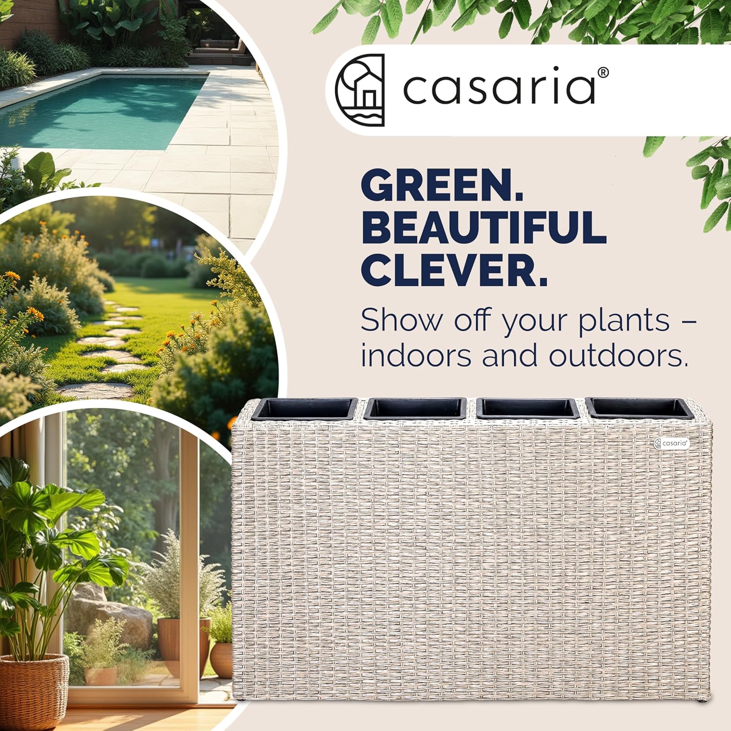 Large Tall Rattan Planter Box 95cm Cream with 4 Inner Pots