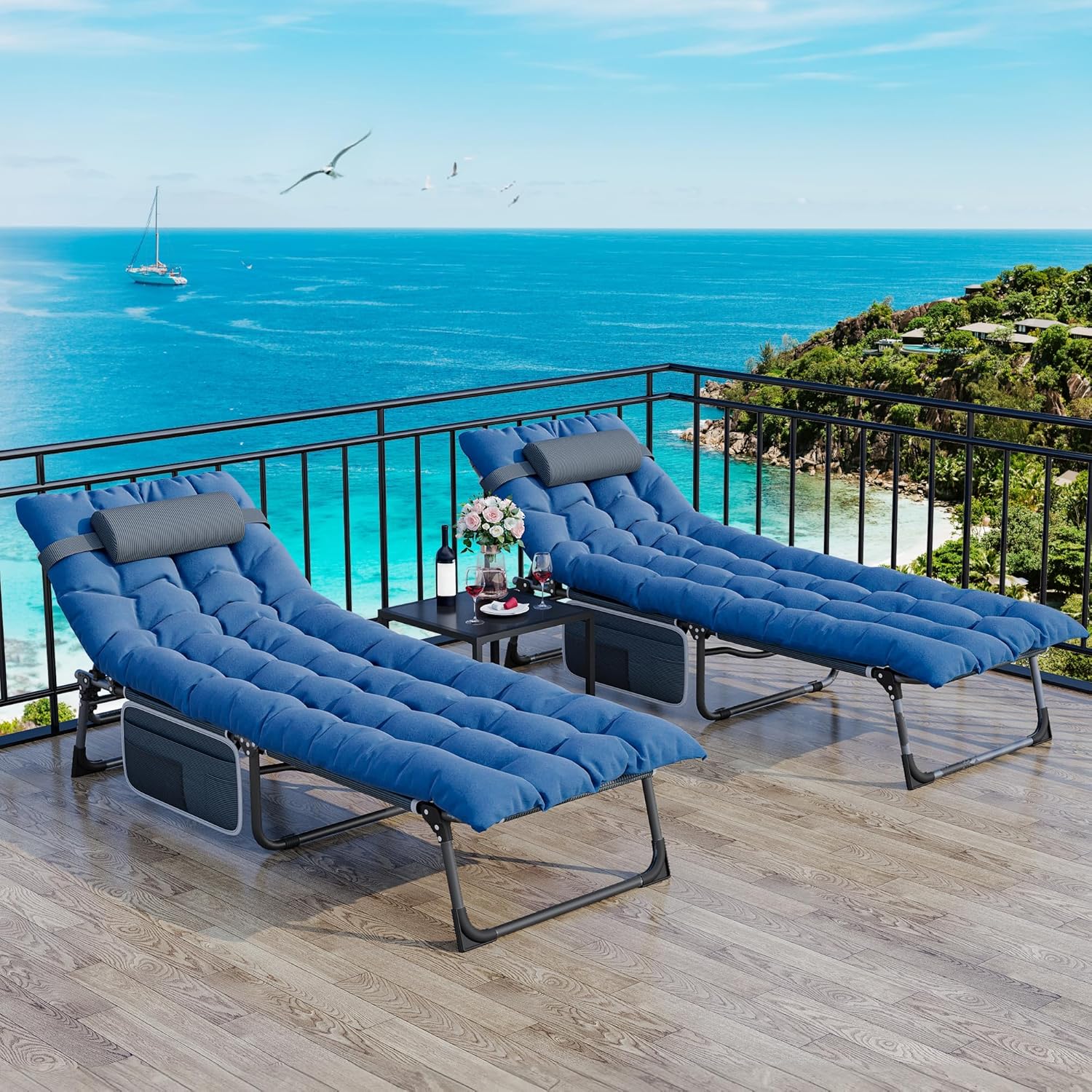 Set of 2 Folding Sun Loungers Reclining Beds Blue