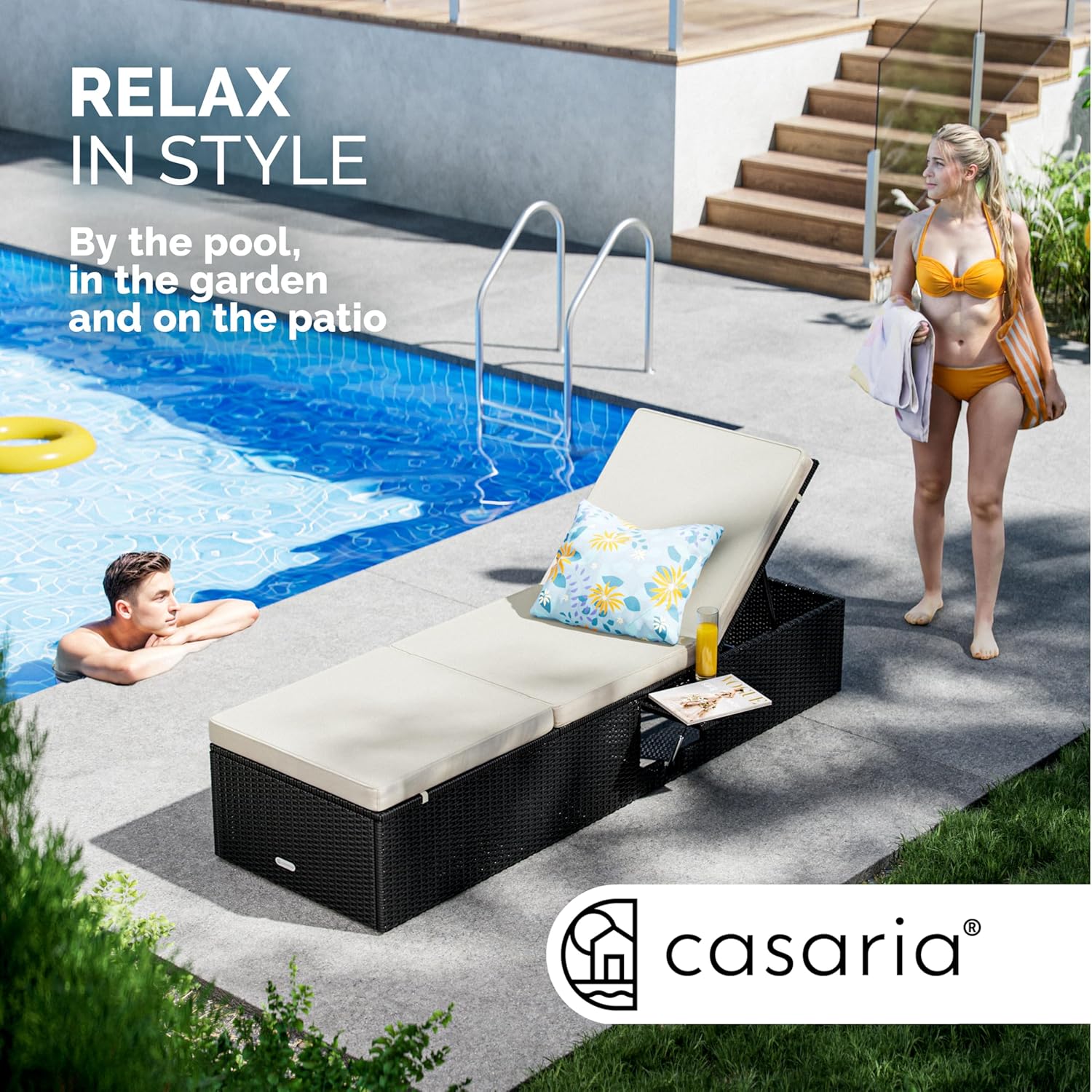 Polyrattan Sun Lounger 7 Way Recliner with Cushion Table