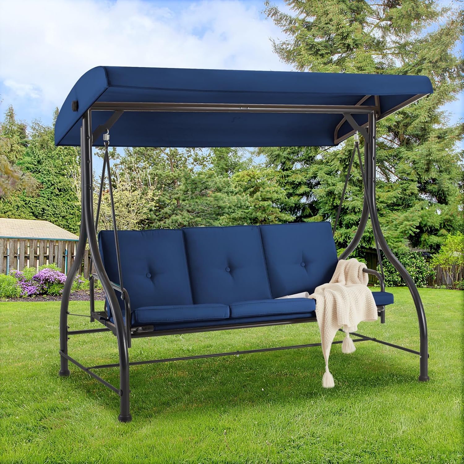 3 Seater Garden Swing Bed Blue Canopy Cushion Steel