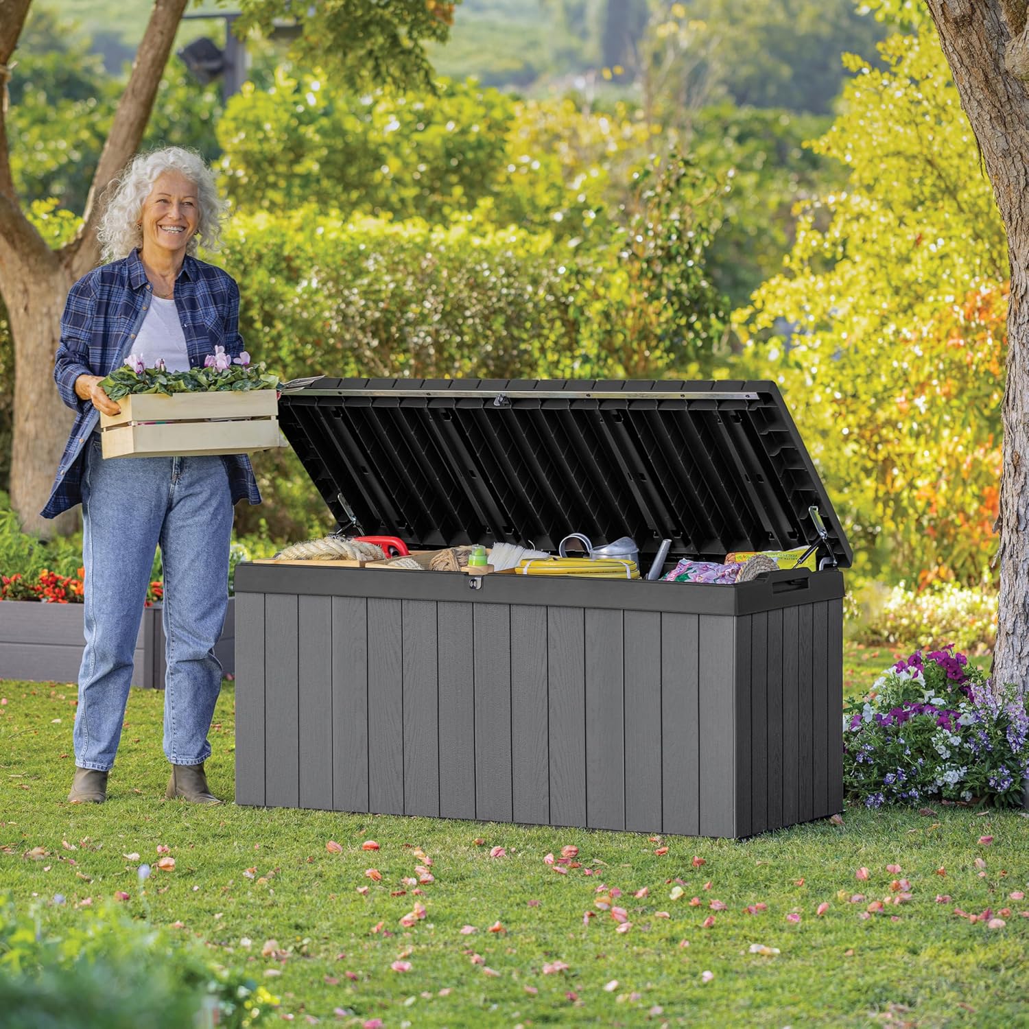 454L Outdoor Garden Storage Bench Box Wood Effect Deck Seat