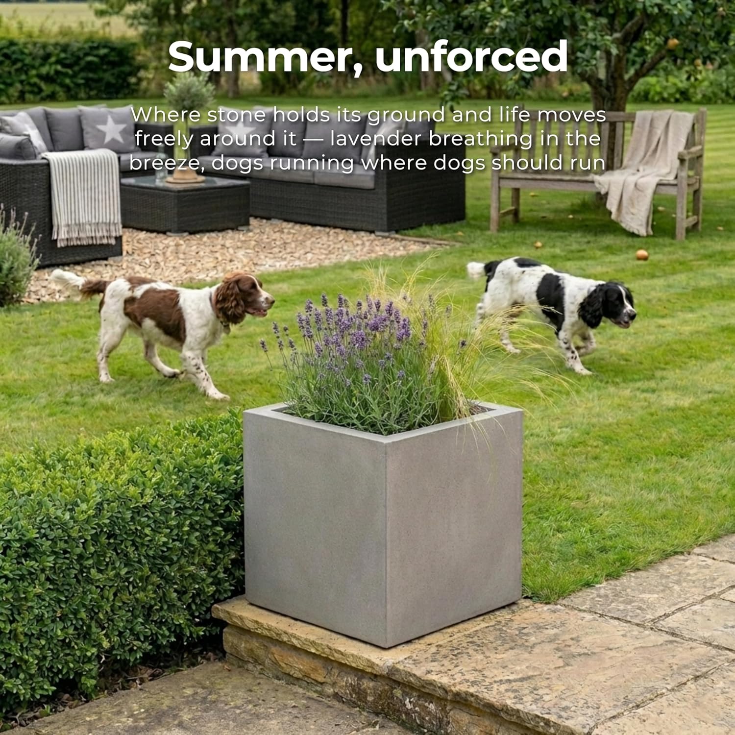 40cm Square Planter Grey Stone Effect Garden Pot Drainage